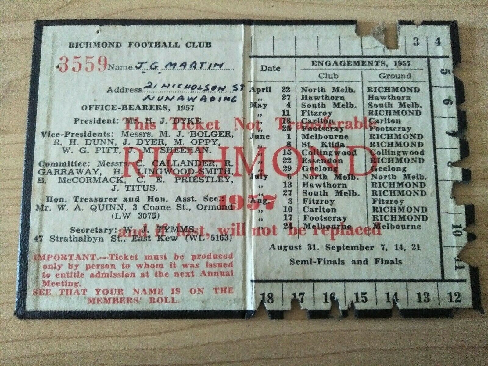VFL 1957 Richmond Football Club Membership Season Ticket No. 3559 - Image 2