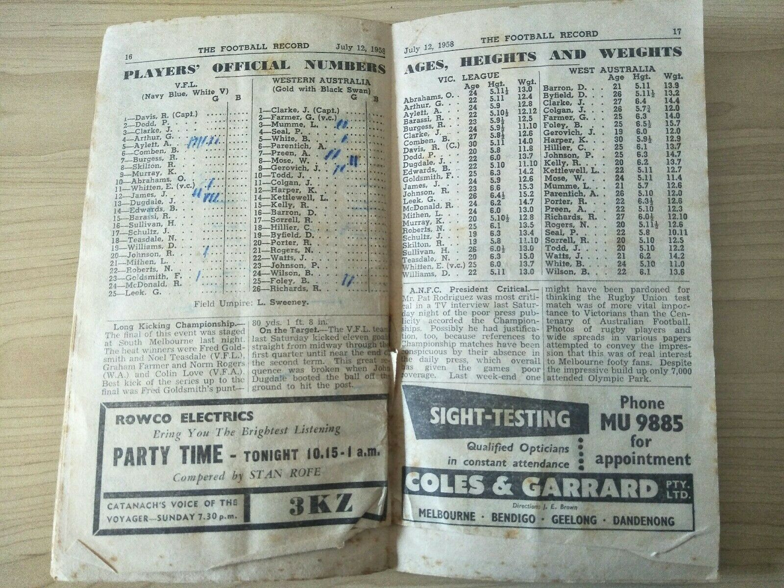 VFL 1958 A.N.F.C. Championship Football Record VFL v Western Australia - Image 3