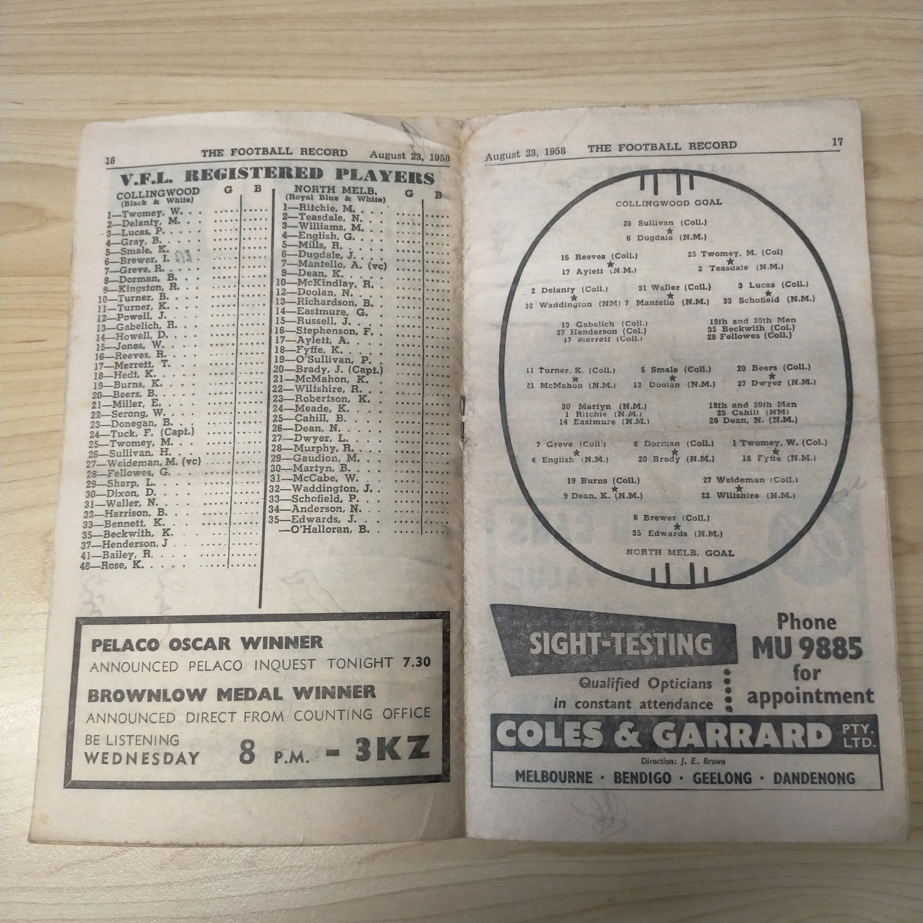 VFL 1958 August 23 Football Record Collingwood v North Melbourne - Image 2