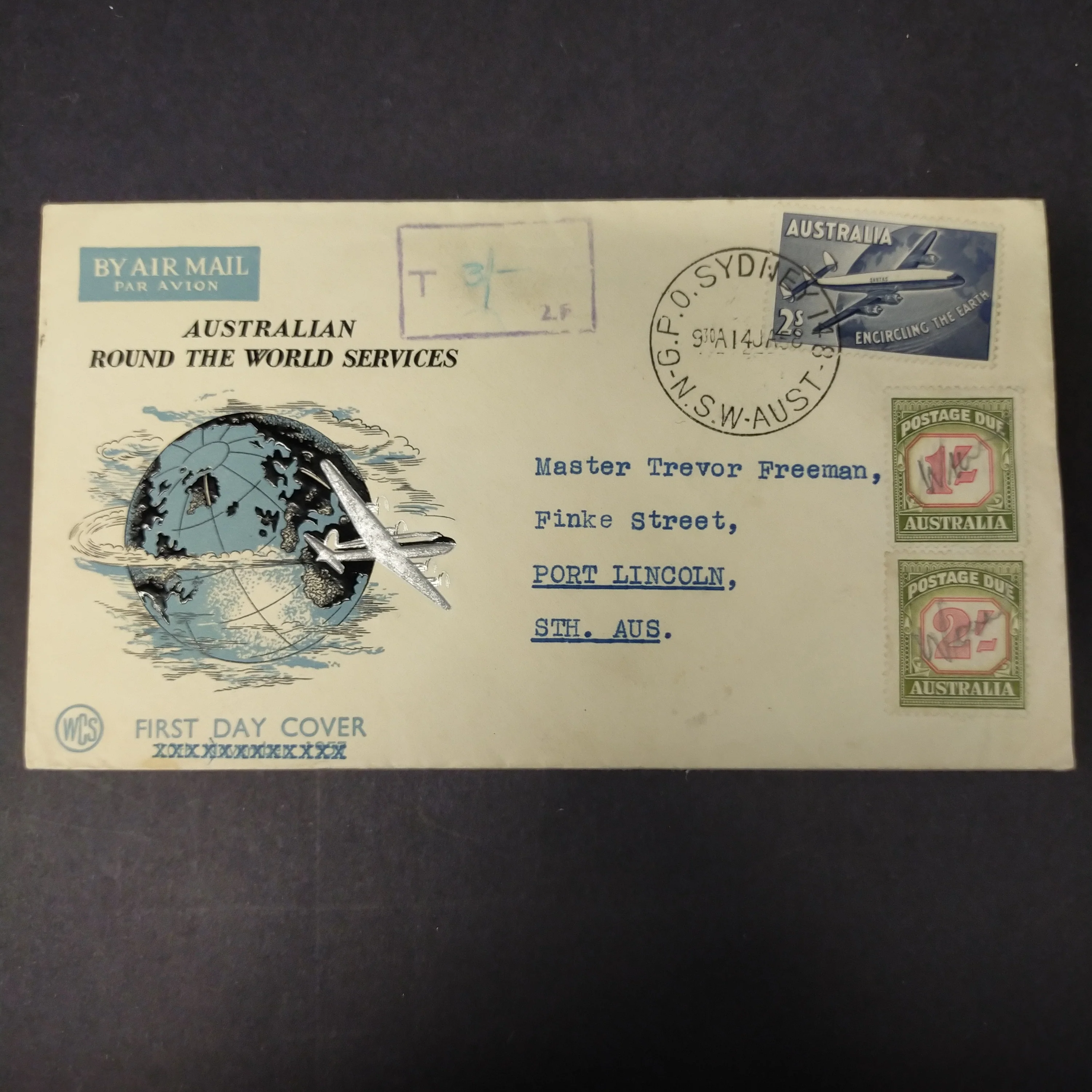 Australia 1958 2/- Qantas First Day Cover Sydney to Port Lincoln SA Taxed 3/-. possibly paying bulk postage due on a number of underpaid letters, but a very unusual cover as such.
