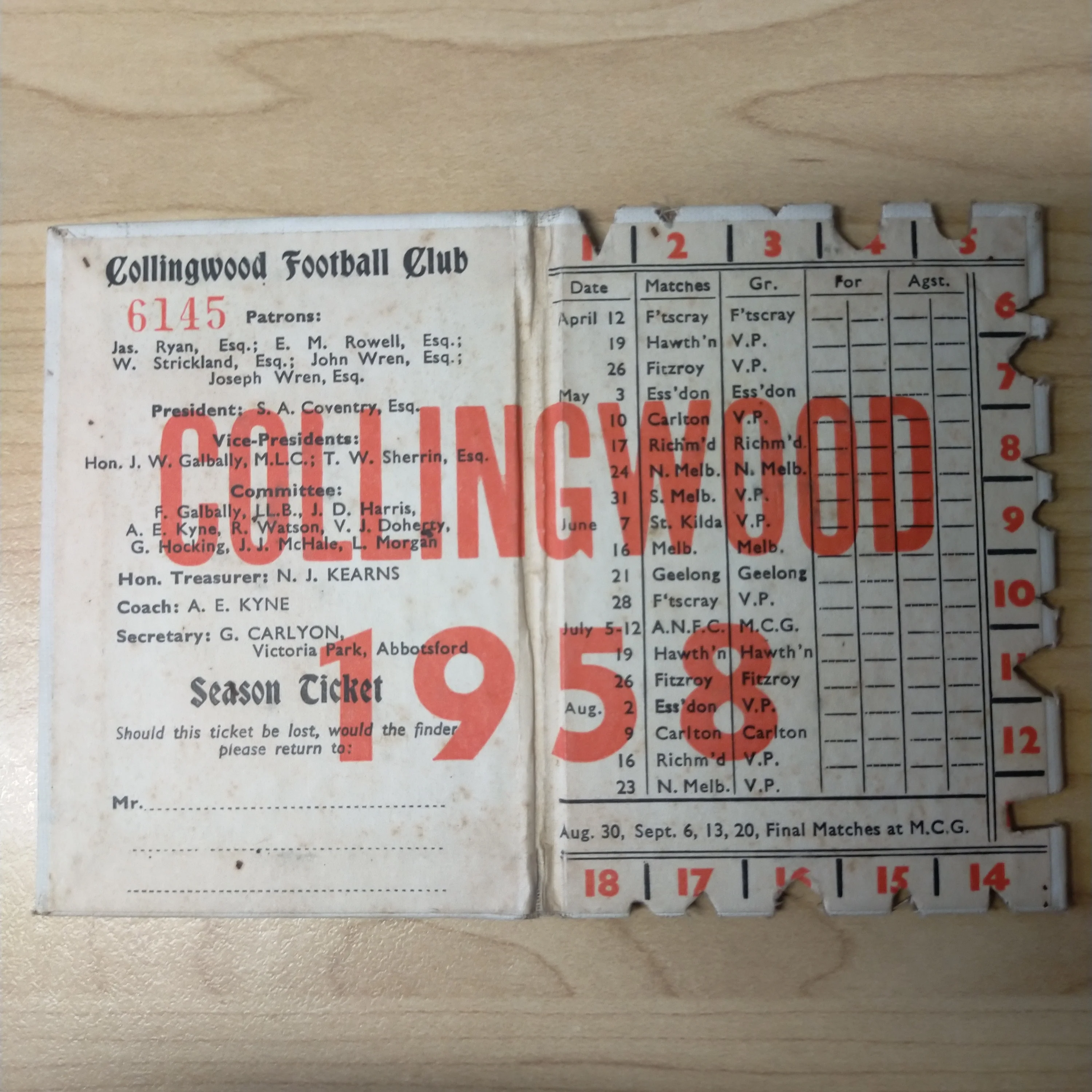 VFL 1958 Collingwood Football Club Members Season Ticket Premiership Year - Image 3