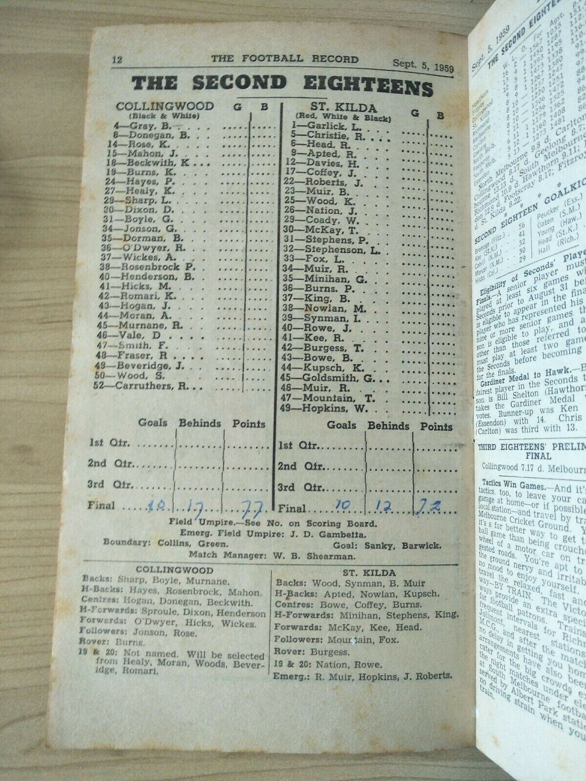 VFL 1959 1st Semi Final Football Record Collingwood v Essendon - Image 4