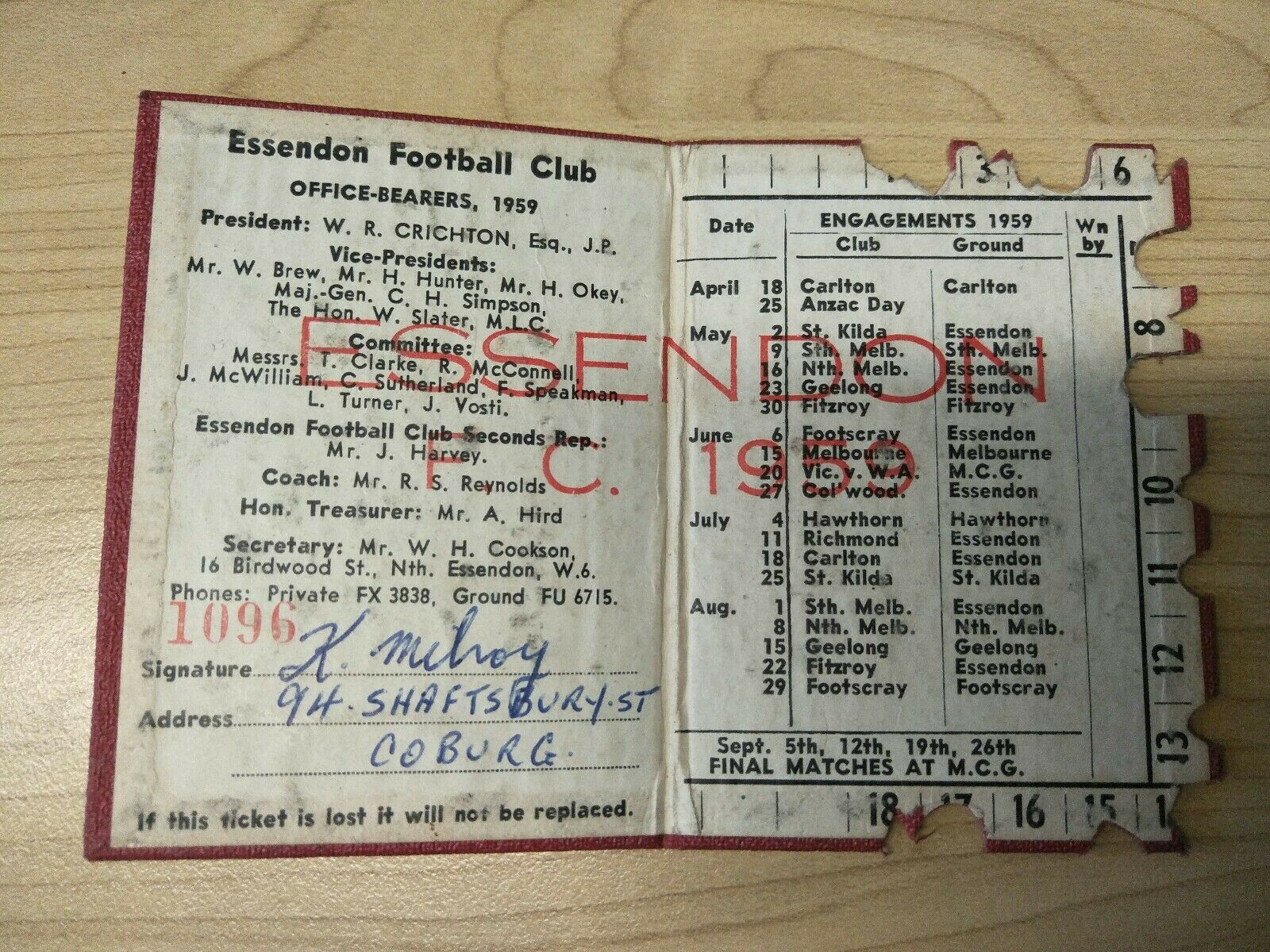 VFL 1959 Essendon Football Club Membership Season Ticket No. 1096 - Image 2