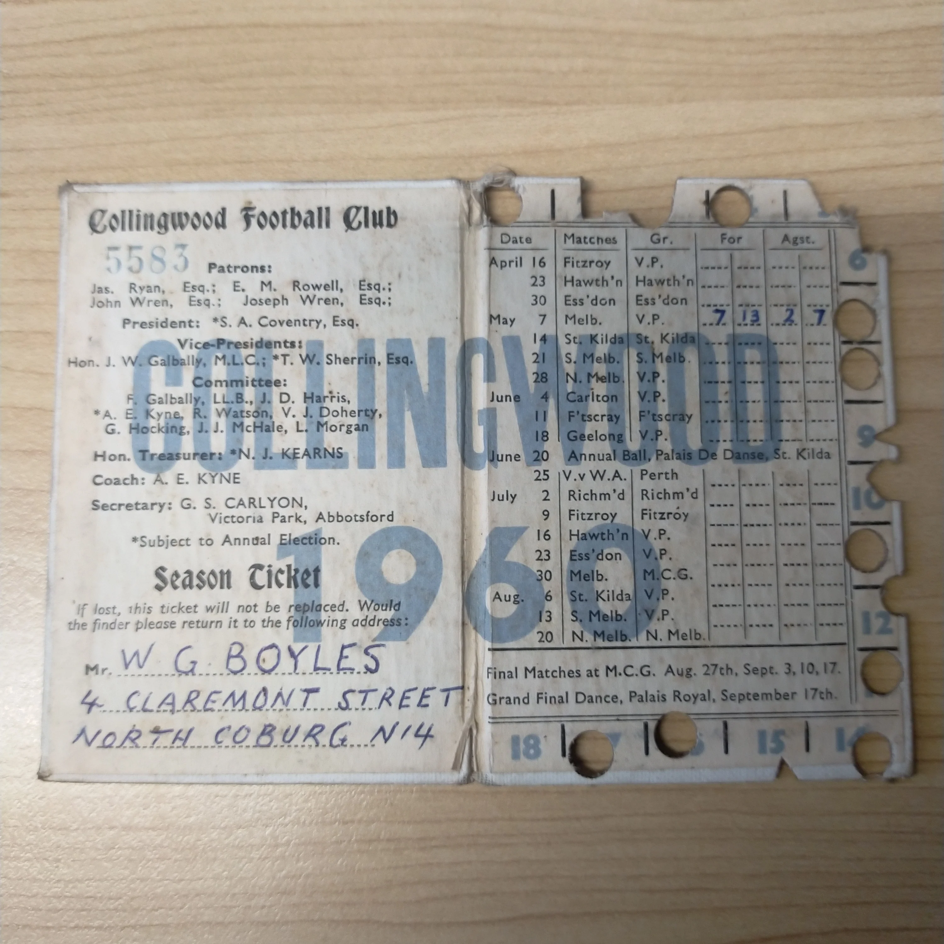 VFL 1960 Collingwood Football Club Members Season Ticket - Image 3
