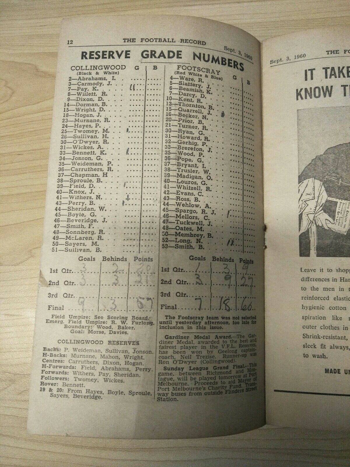 VFL 1960 Sept 3 1st Semi Final Essendon v Collingwood Football Record - Image 3