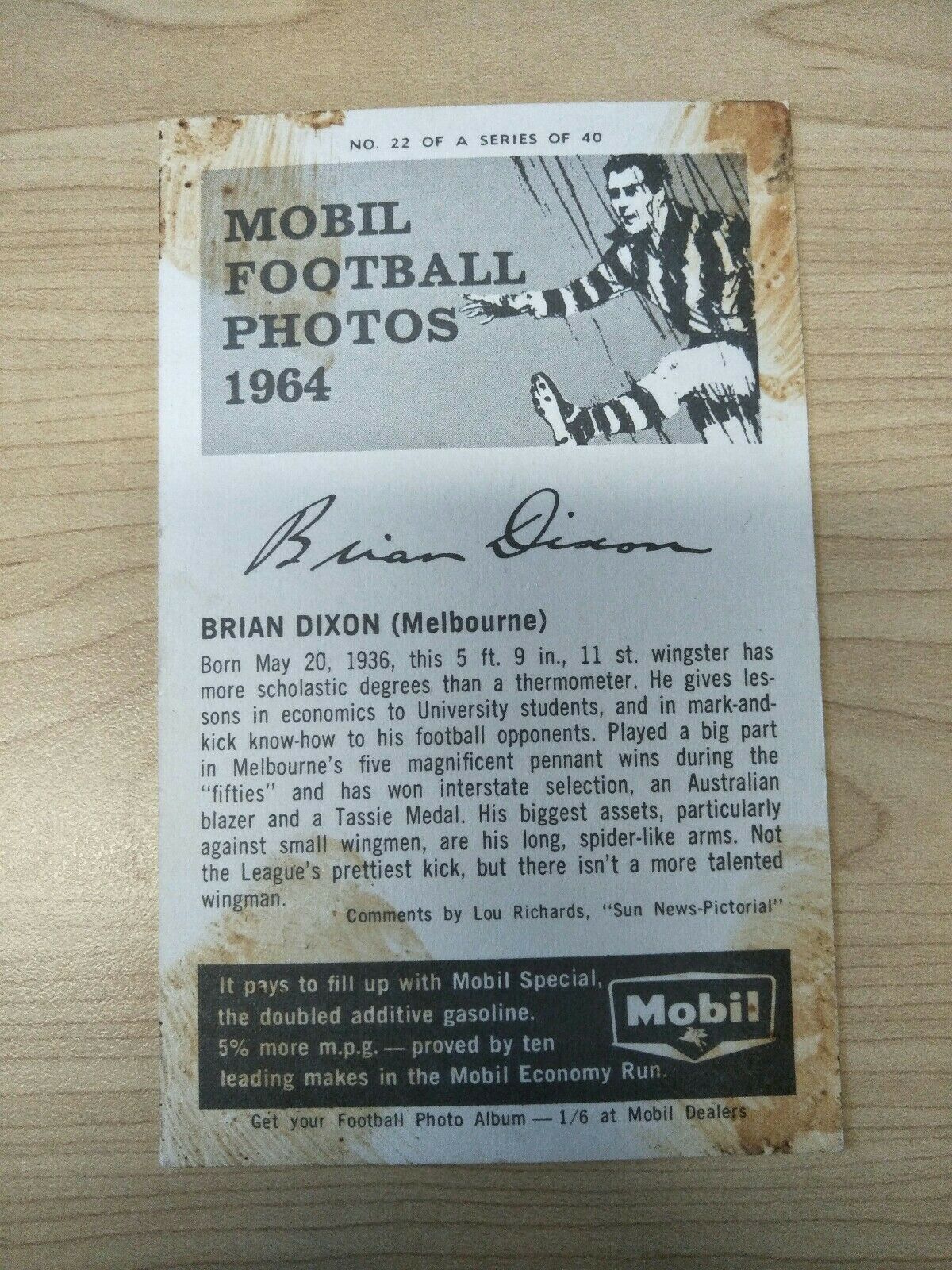VFL 1964 Mobil Football Photos Brian Dixon No. 22/40 Melbourne - Image 2