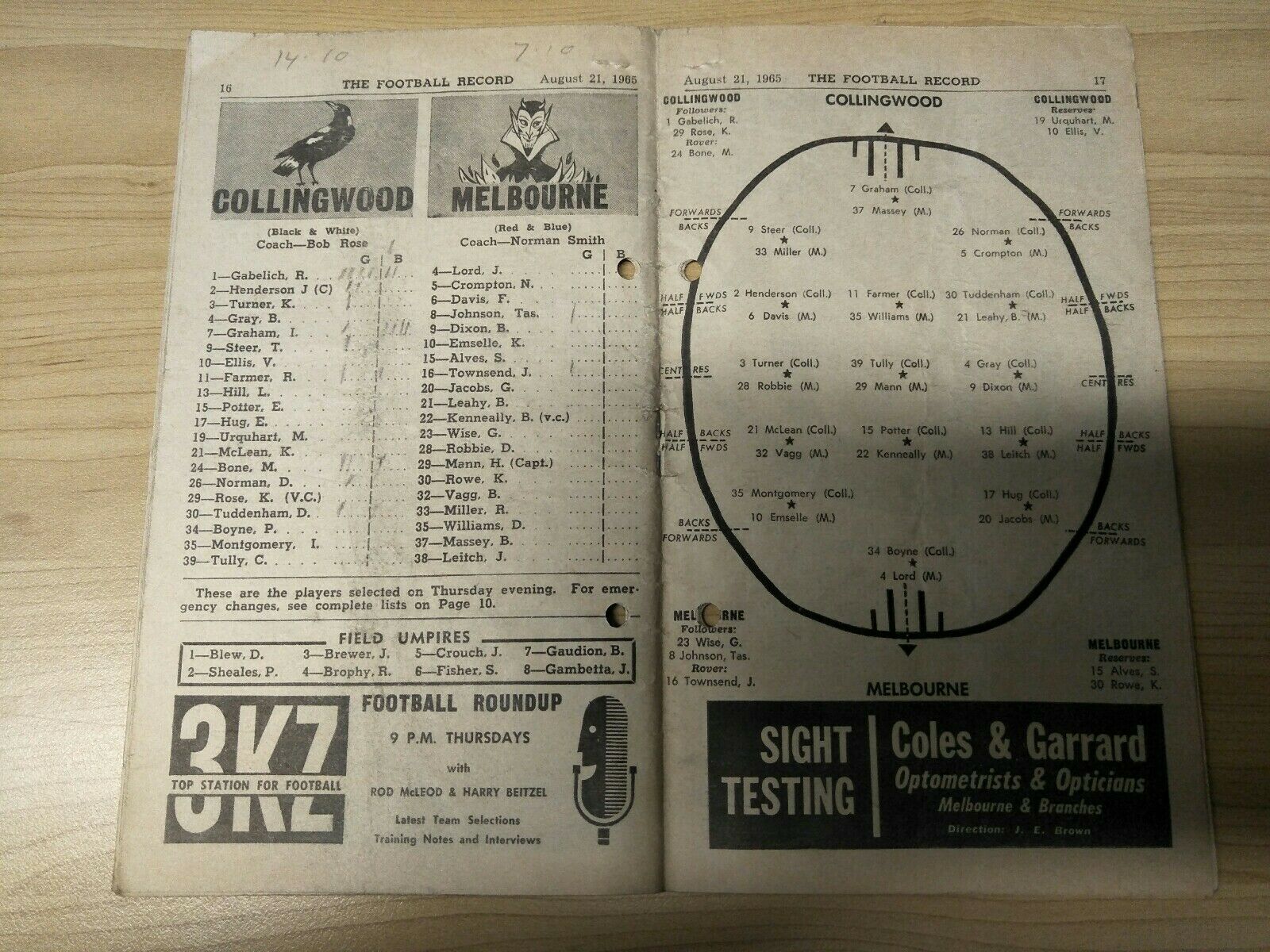 VFL 1965 August 21 Football Record Collingwood v Melbourne - Image 2