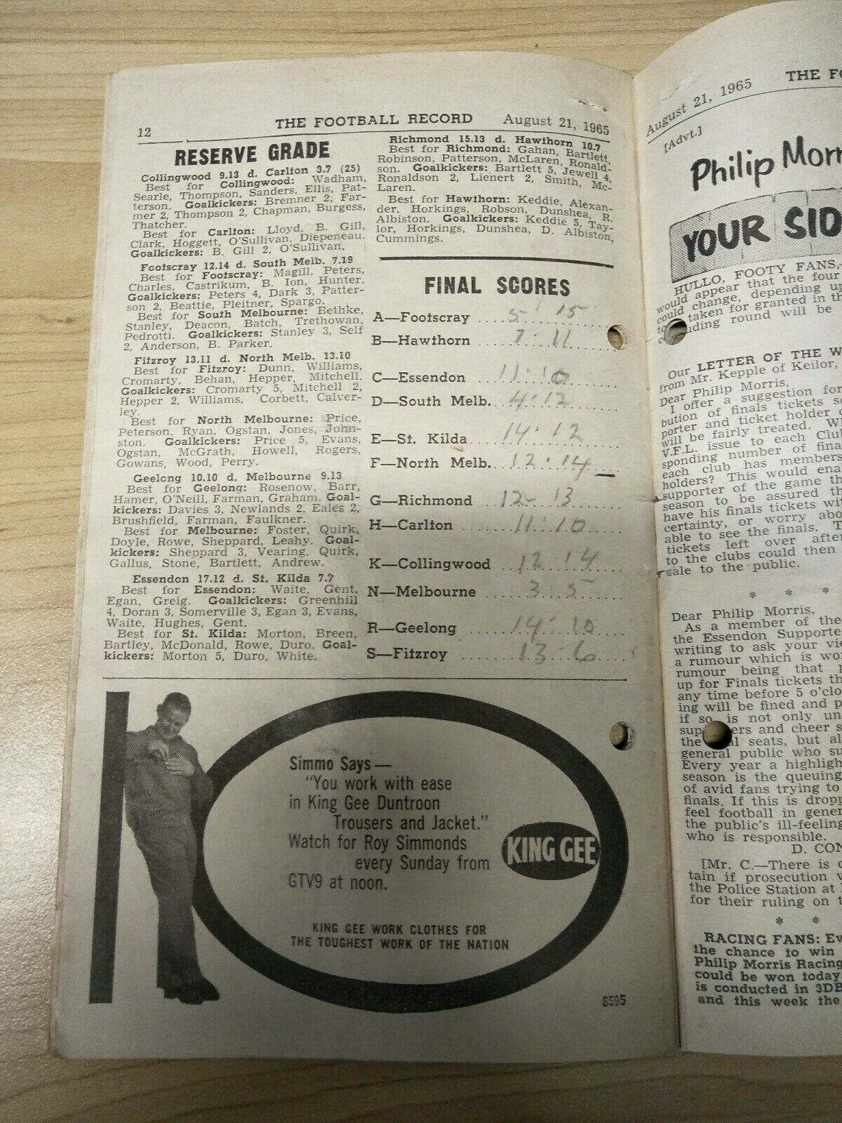VFL 1965 August 21 Football Record Collingwood v Melbourne - Image 3