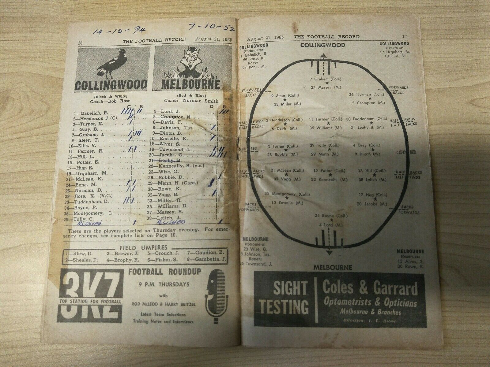 VFL 1965 August 21 Football Record Collingwood v Melbourne - Image 2