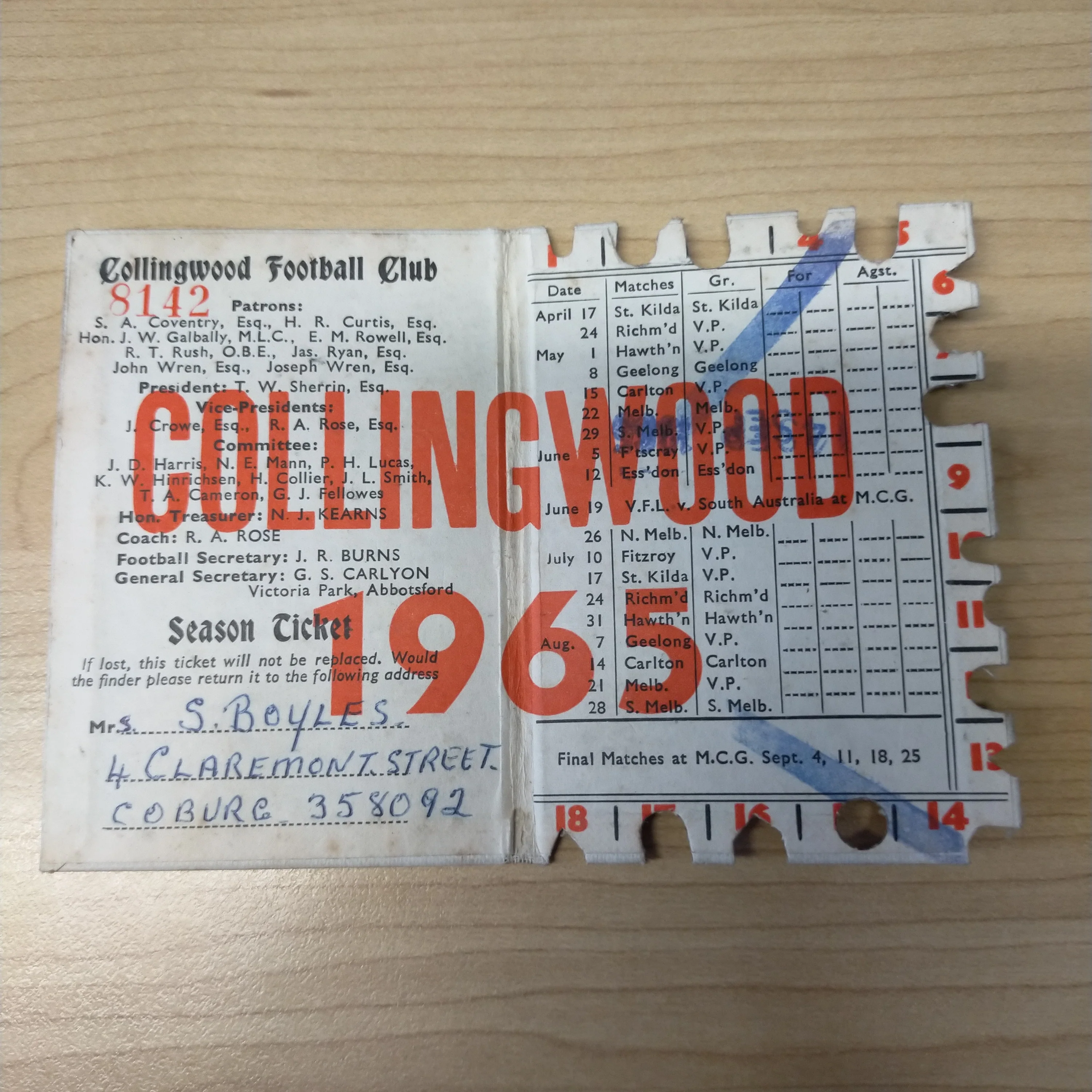 VFL 1965 Collingwood Football Club Members Season Ticket - Image 3