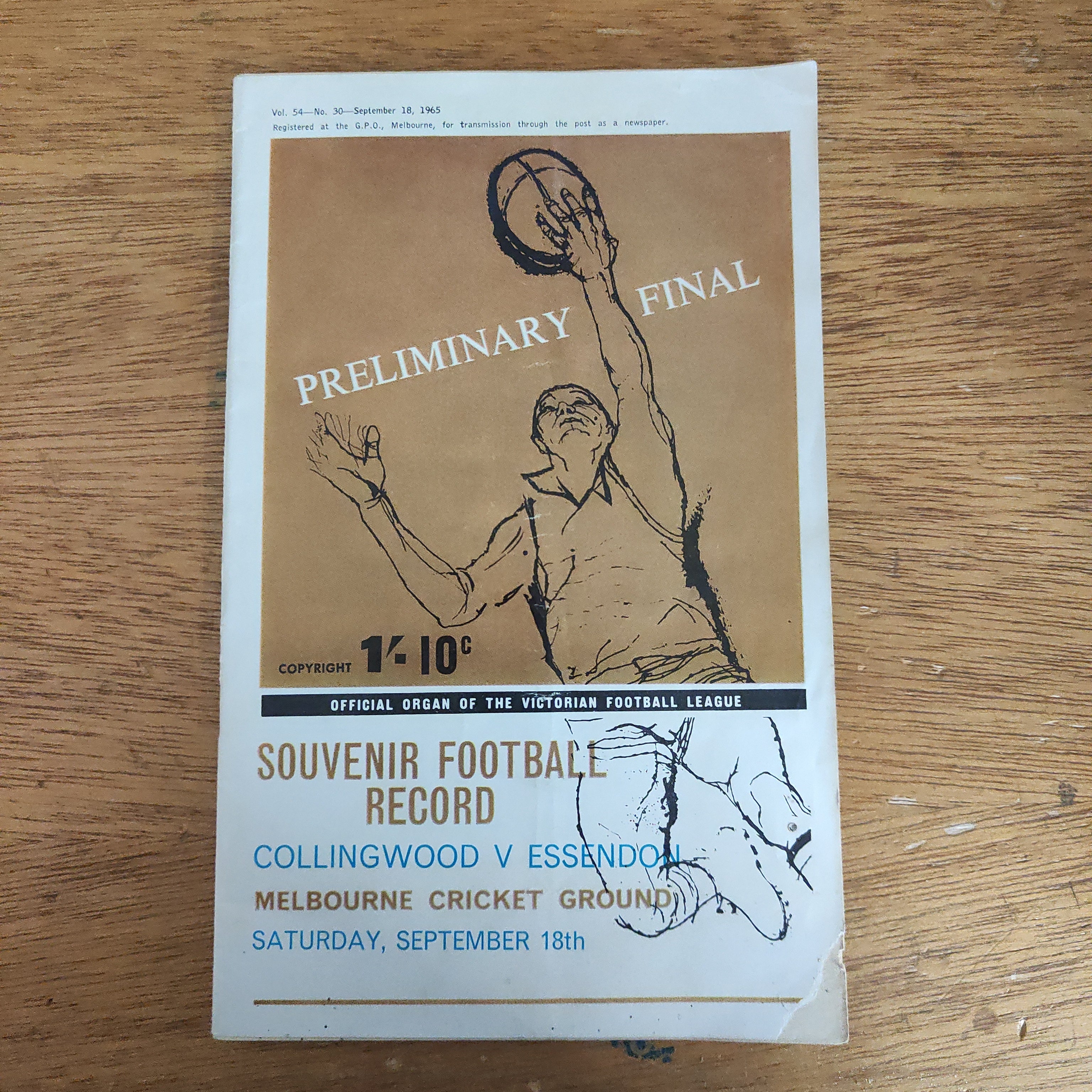 VFL AFL 1965 PRELIMINARY FINAL FOOTBALL RECORD Collingwood v Essendon