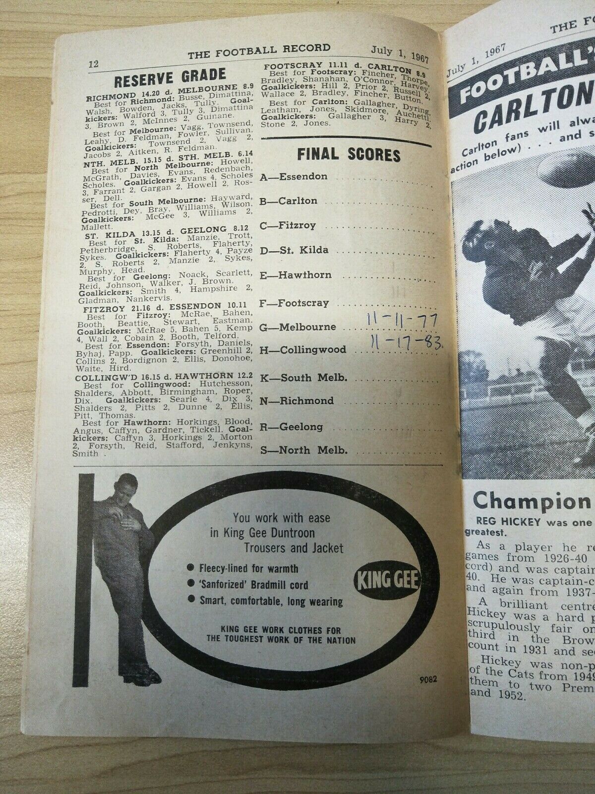 VFL 1967 July 1 Football Record Melbourne v Collingwood - Image 3