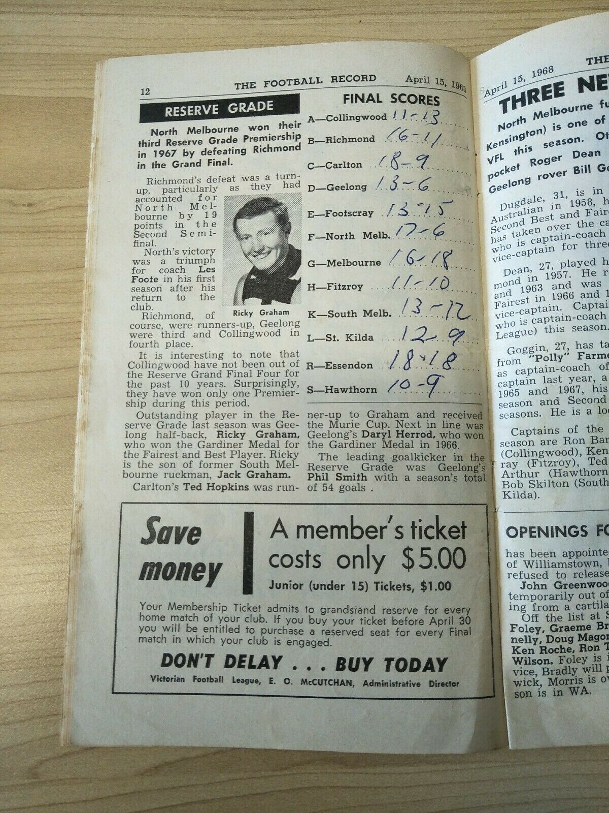 VFL 1968 April 15 Football Record Collingwood v Richmond - Image 3
