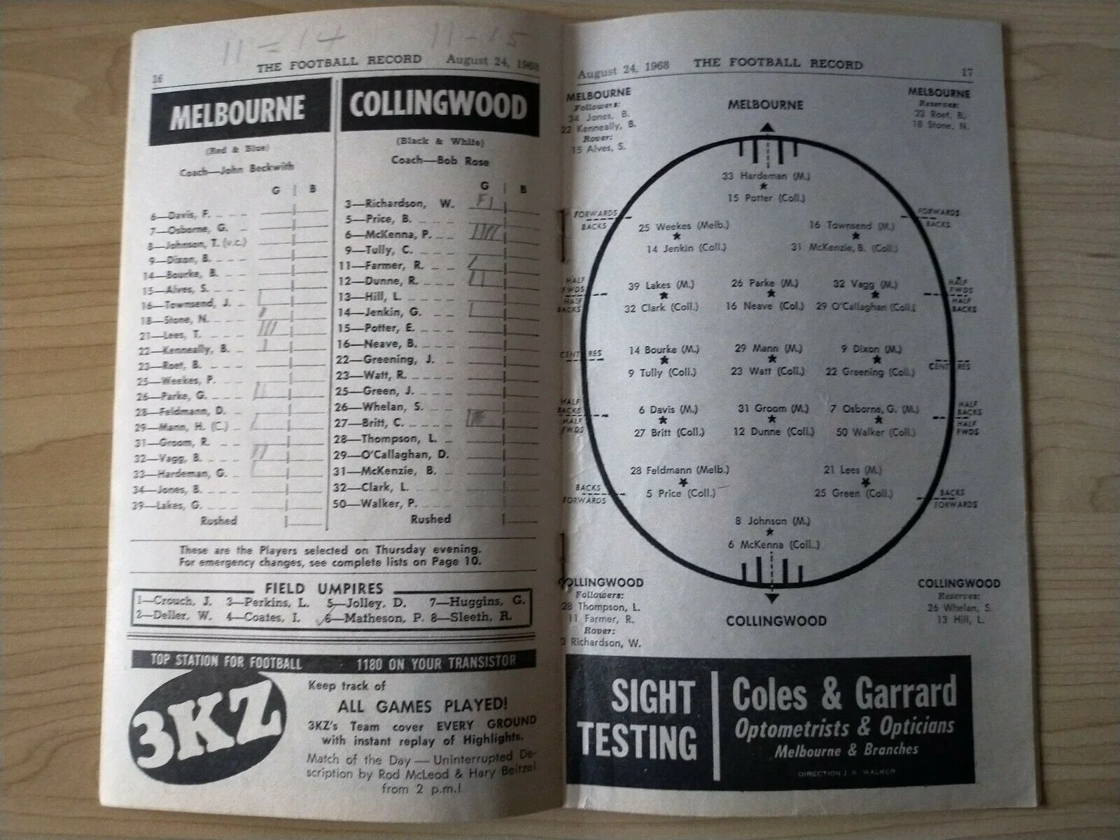 VFL 1968 August 24 Football Record Melbourne v Collingwood - Image 2