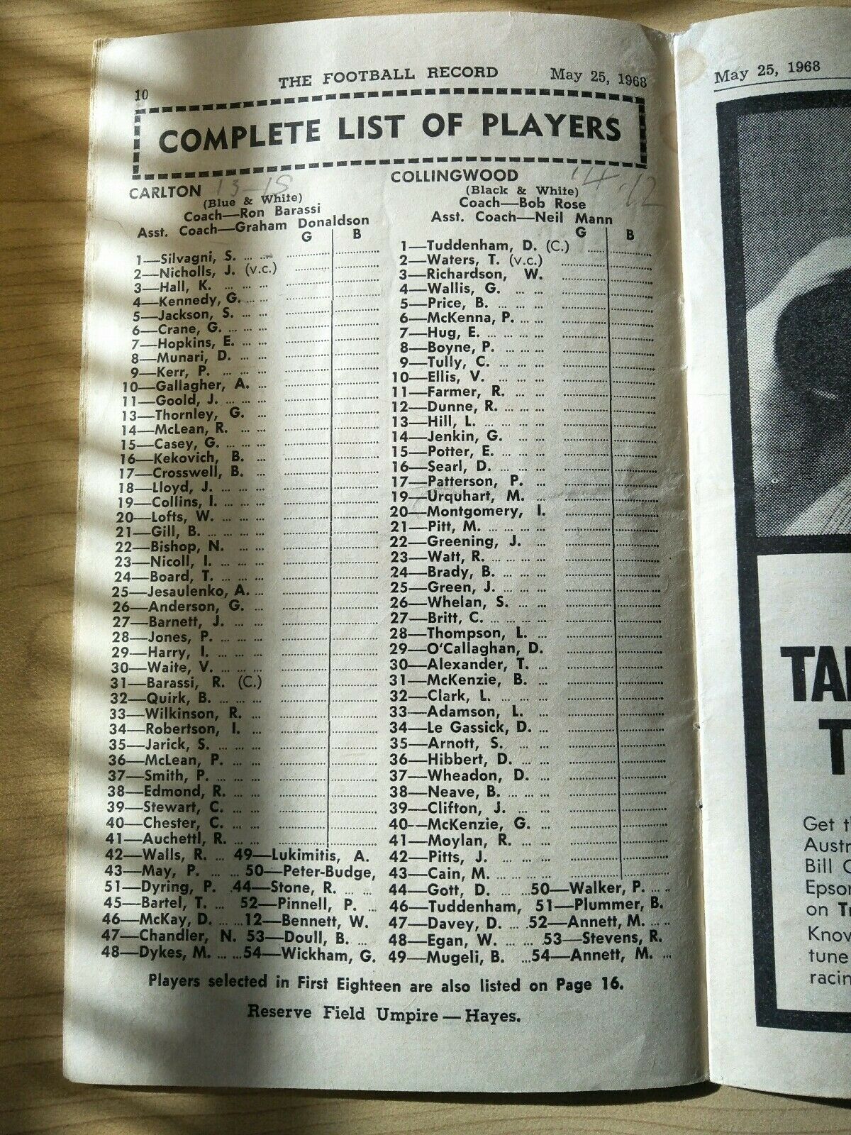 VFL 1968 May 25 Football Record Carlton v Collingwood - Image 4