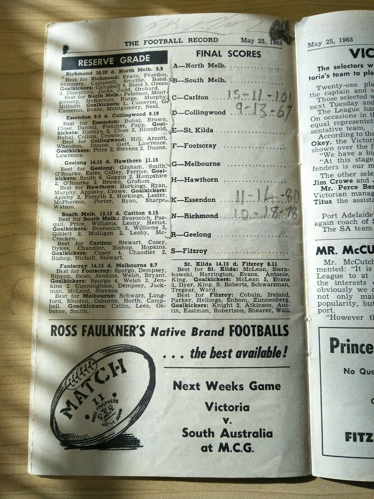 VFL 1968 May 25 Football Record Carlton v Collingwood - Image 5