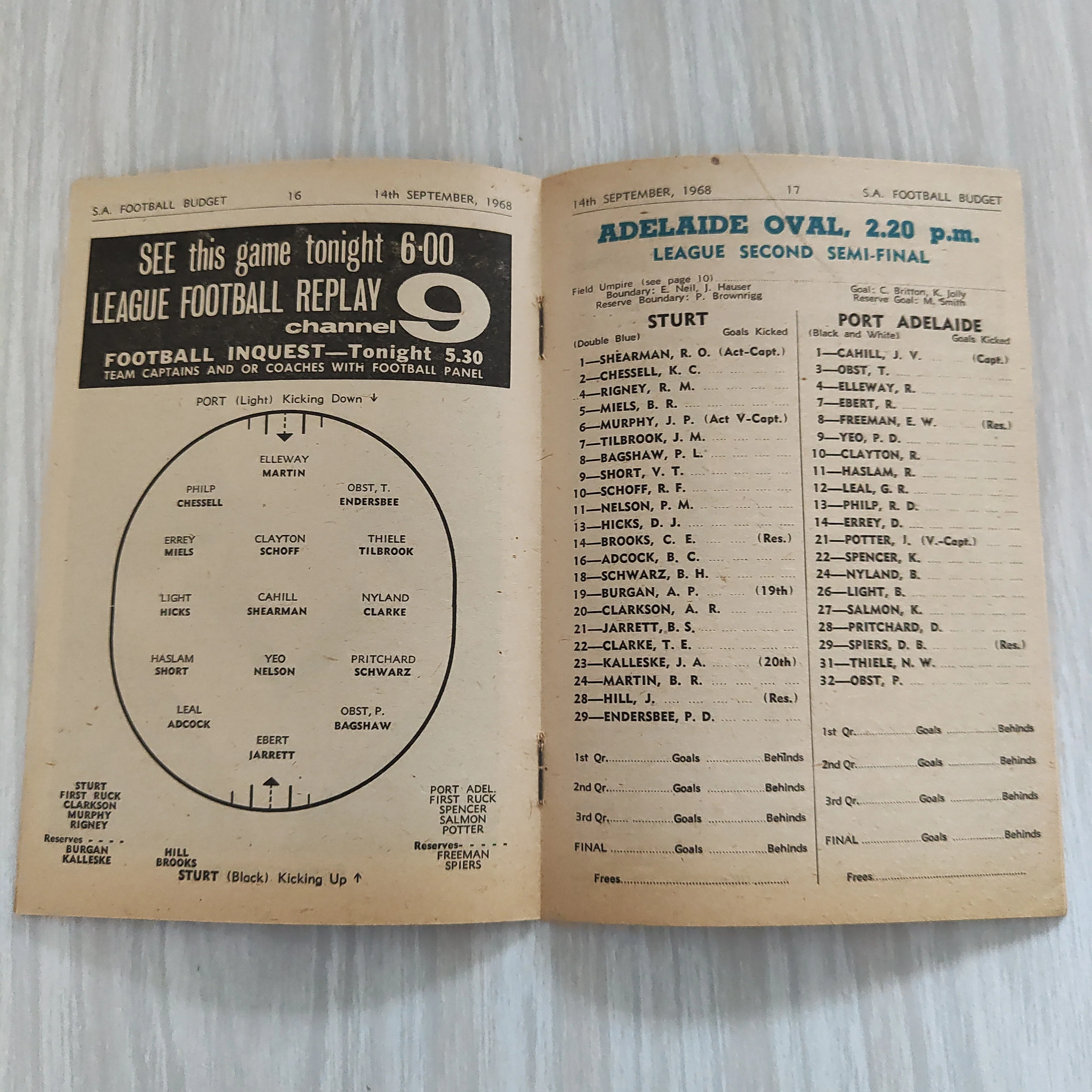 Football 1968 September 14 2nd Semi Final Sturt v Port Adelaide South Australia Football Record - Image 2