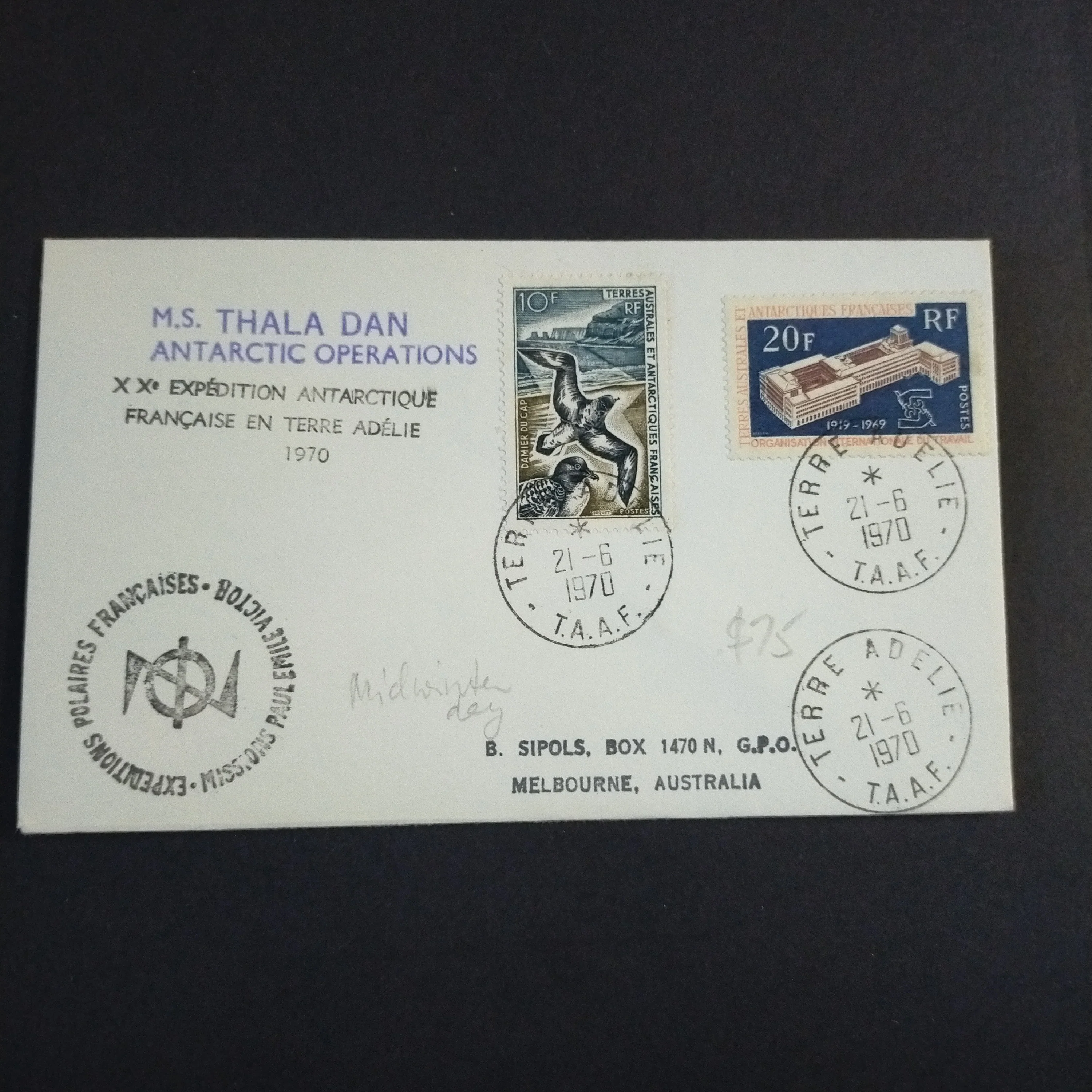 French Antarctic Territory 1970 Cover Terre Adelie To Melbourne