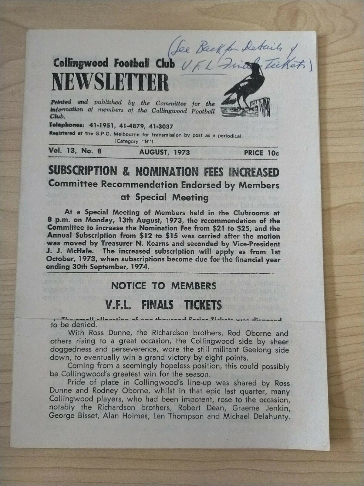 VFL 1973 Collingwood Football Club Newsletter x2 and Newspaper cutting - Image 2