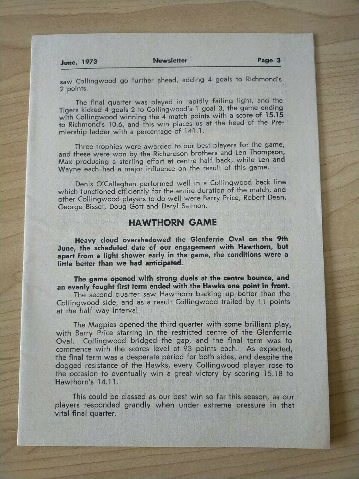 VFL 1973 Collingwood Football Club Newsletter x2 and Newspaper cutting - Image 3