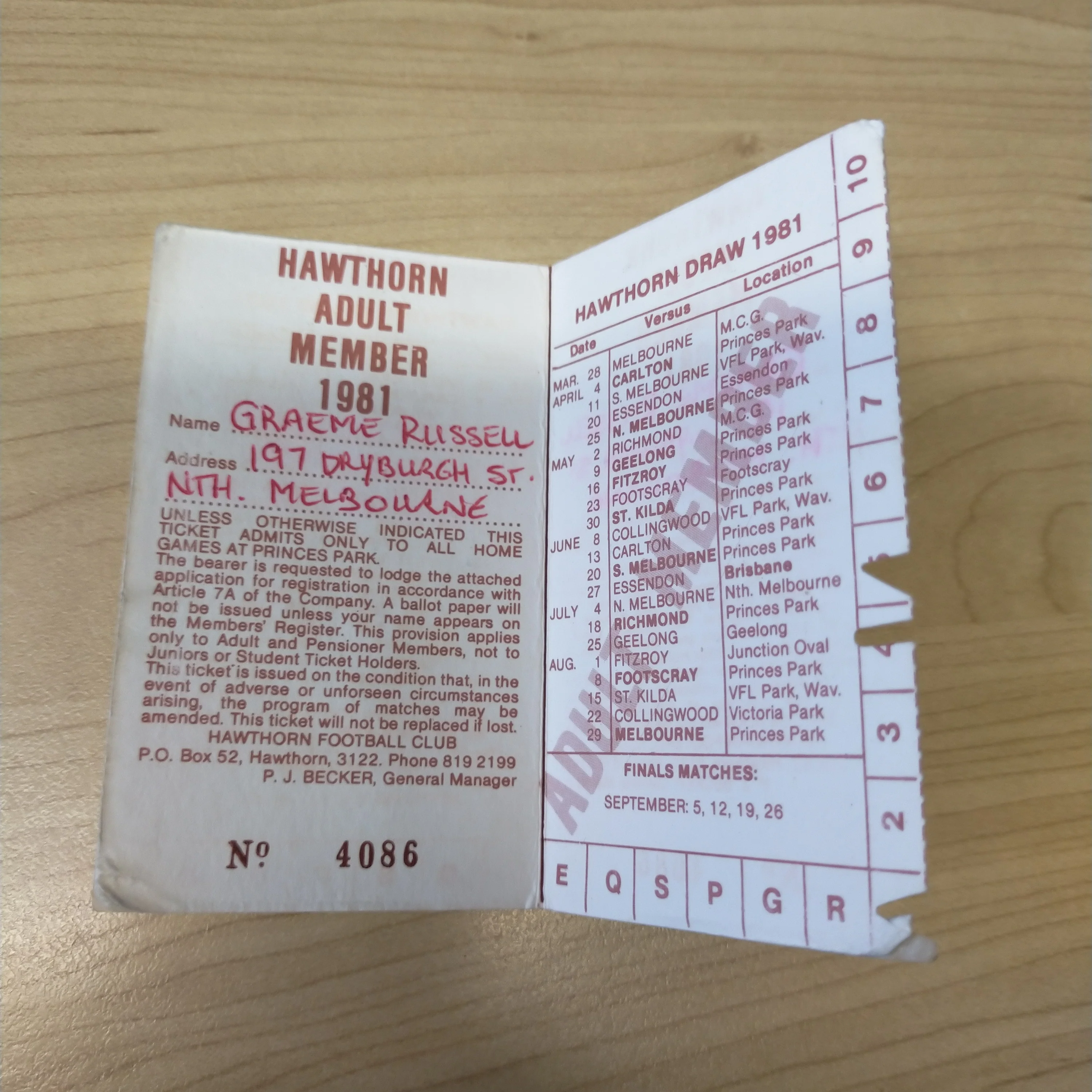 VFL 1981 Hawthorn Football Club Membership Season Ticket - Image 2