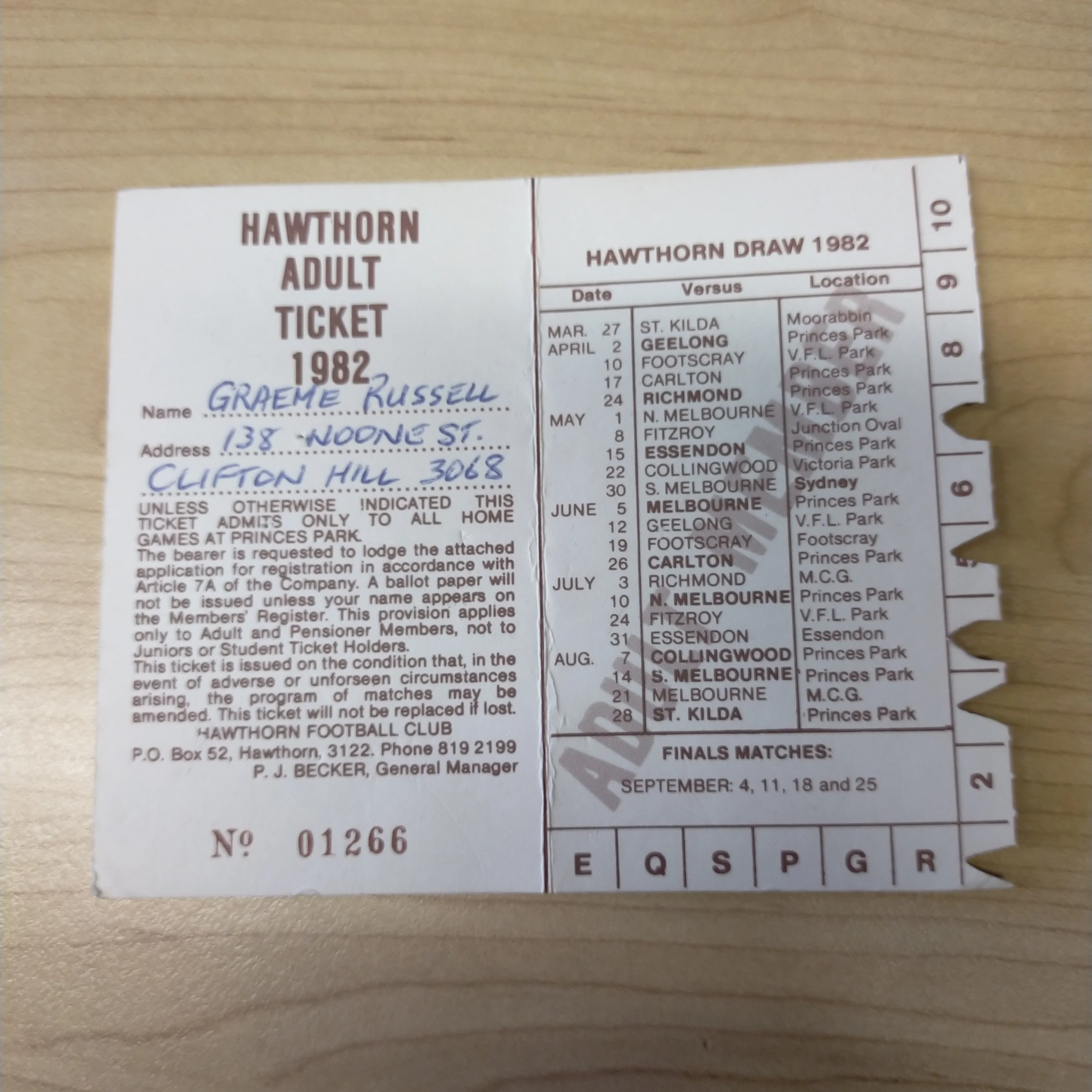 VFL 1982 Hawthorn Football Club Membership Season Ticket - Image 2