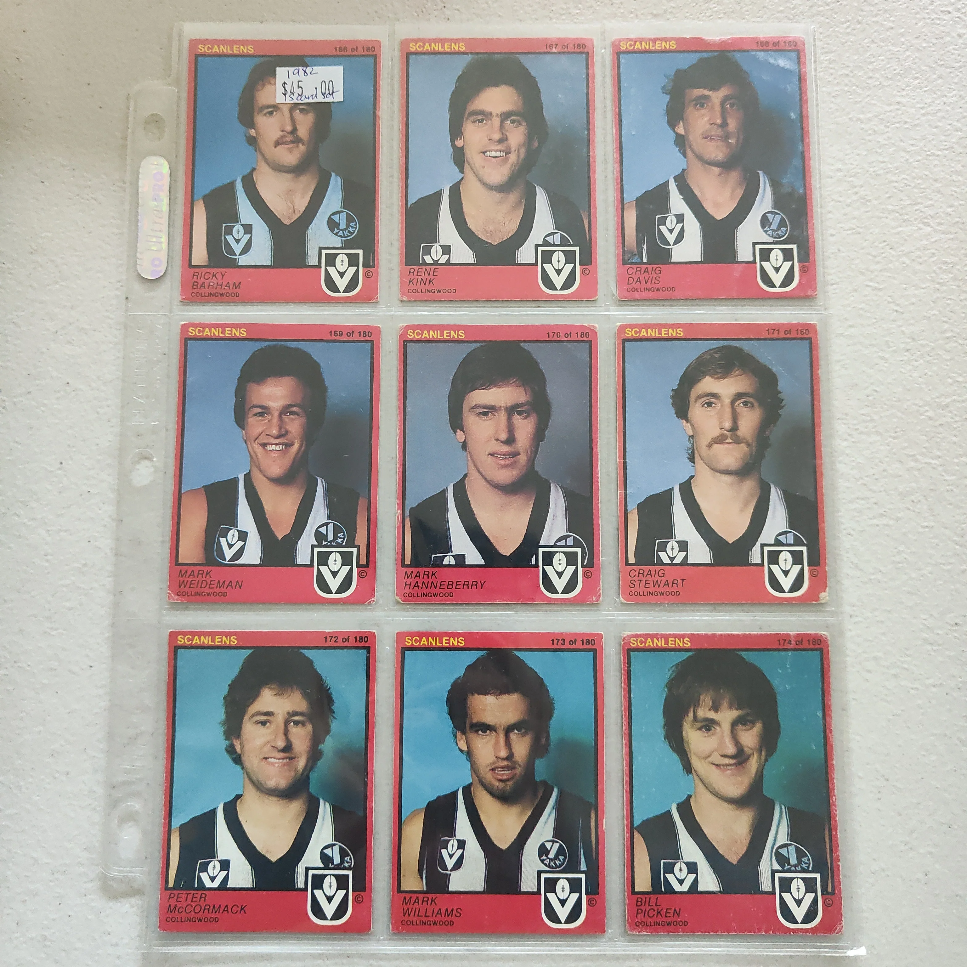 1982 Scanlens Collingwood Magpies Team Set of 15 Cards Inc Hand Signed Michael Taylor Card
