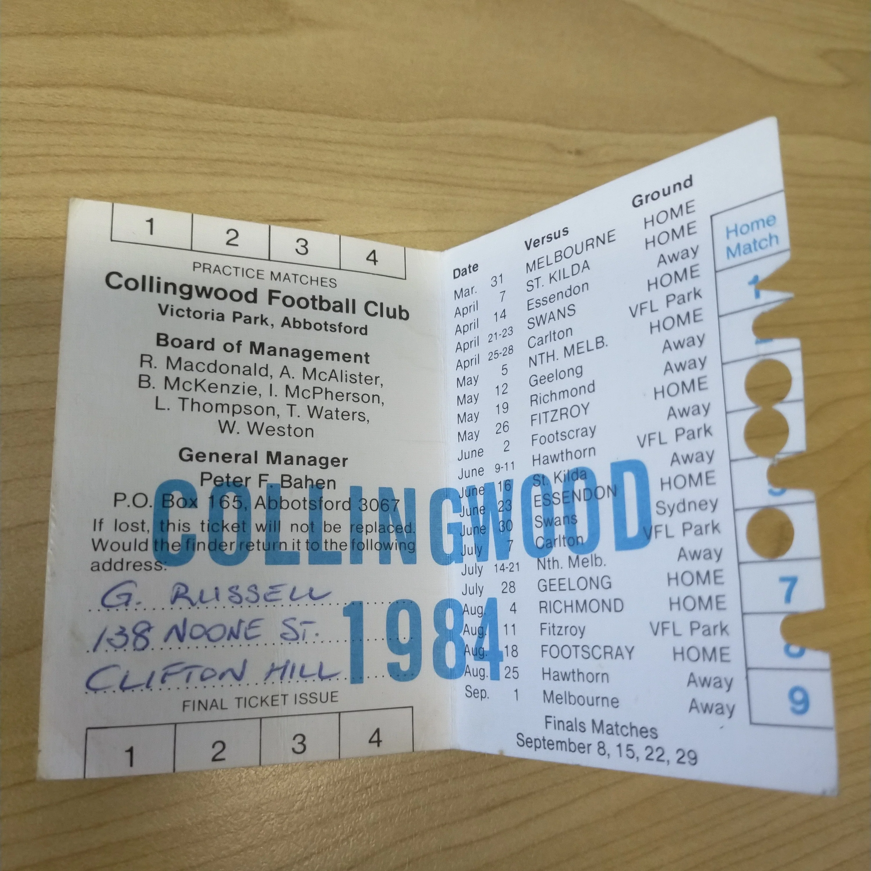 VFL 1984 Collingwood Football Club Season Ticket No. 05090 - Image 3
