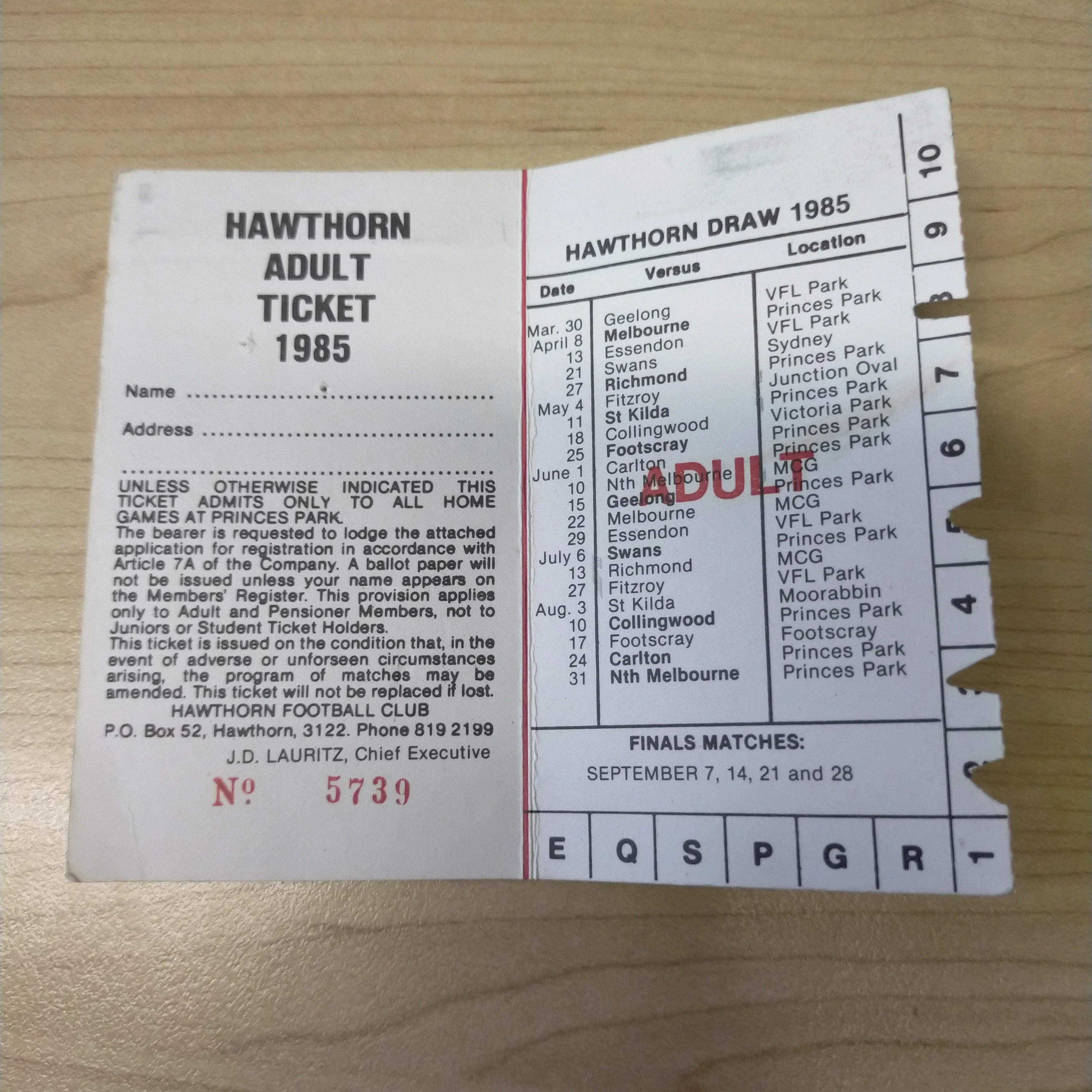 VFL 1985 Hawthorn Football Club Membership Season Ticket - Image 2
