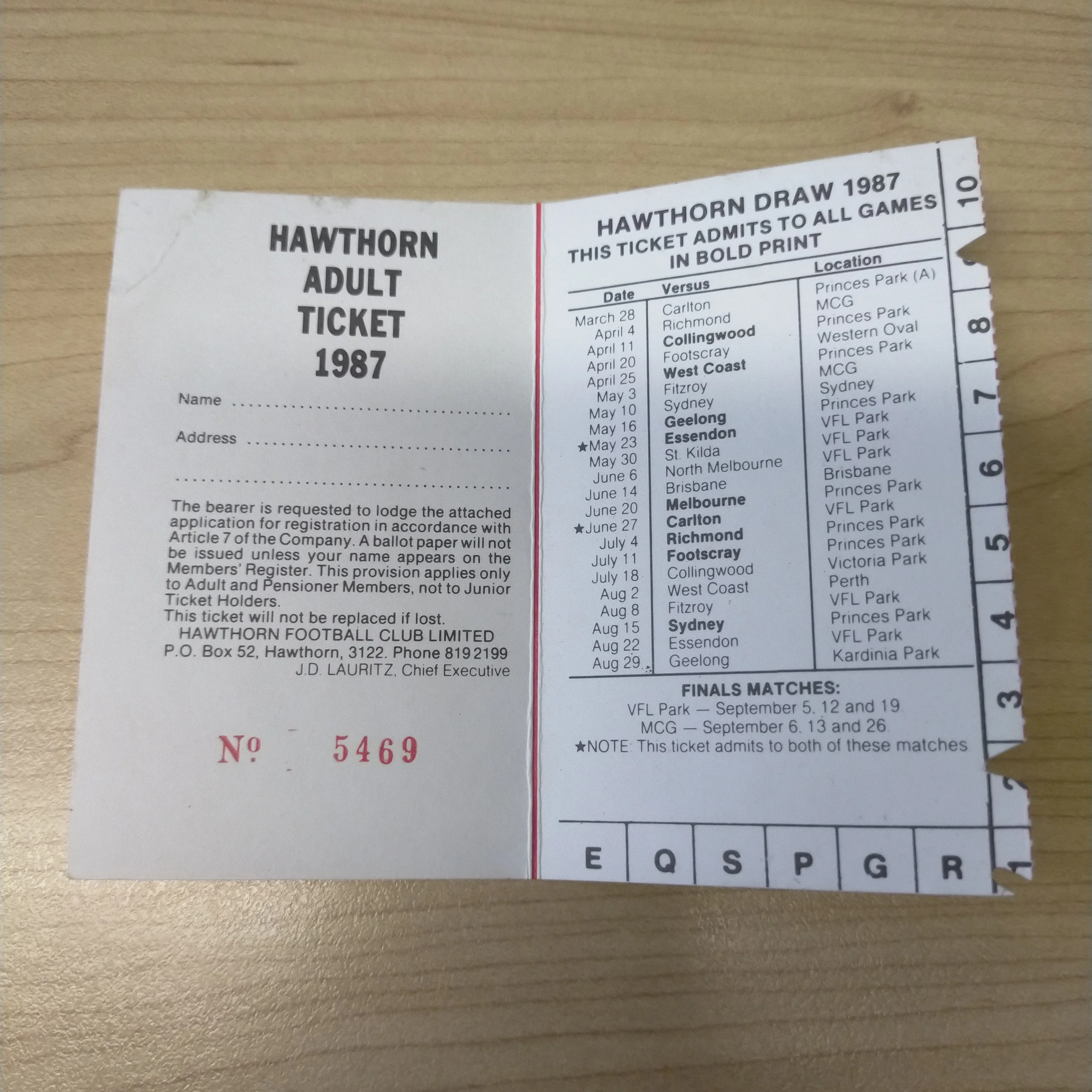 VFL 1987 Hawthorn Football Club Membership Season Ticket - Image 2