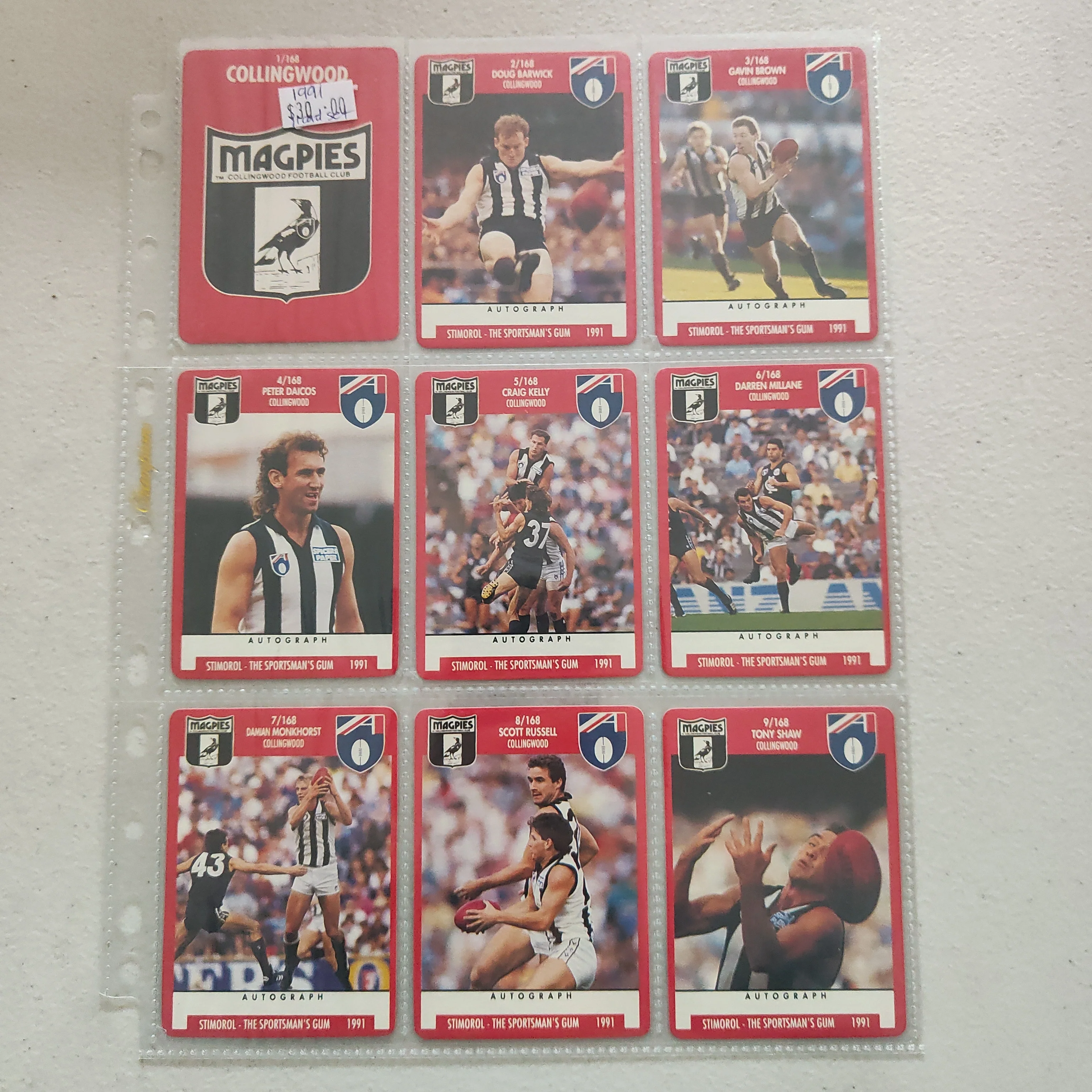 1991 Scanlens Stimorol Collingwood Magpies Team Set of 11 Cards