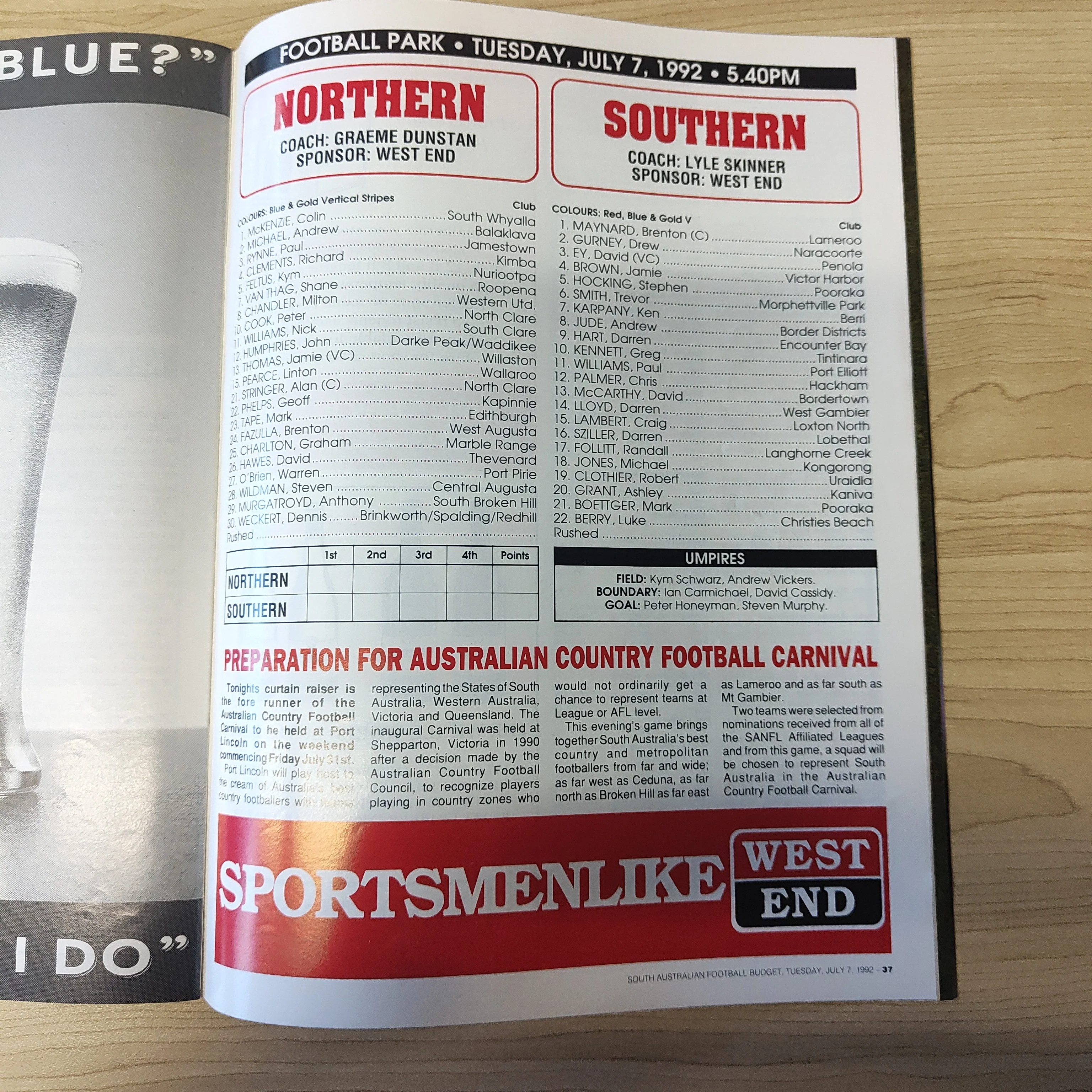 1992 July 7 South Australian Football Budget SA v Victoria State of Origin Football Record - Image 3
