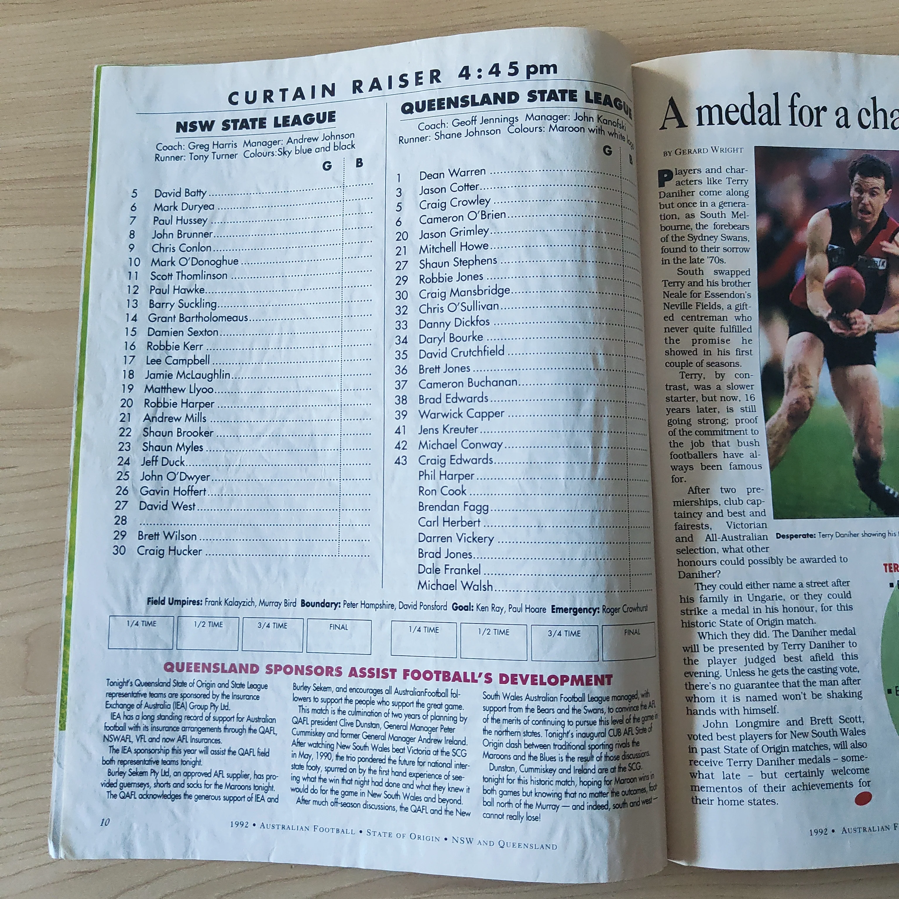 1992 May 12 NSW v Queensland at the SCG AFL Football State of Origin Record - Image 3