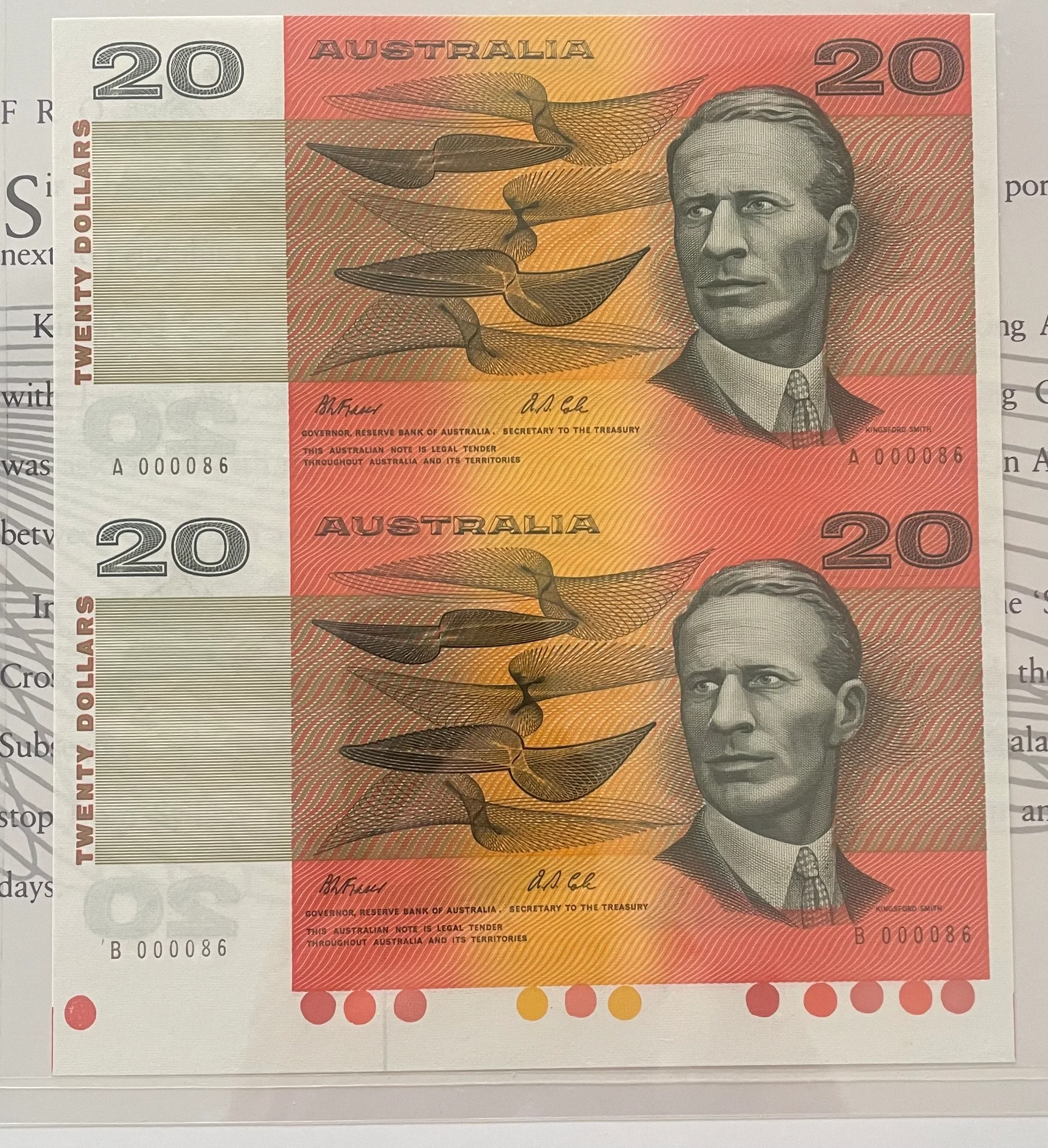 Australia 1993 Melbourne Fair $20 Paper Uncut Vertical Pair Banknotes Black Serial Number In Folder