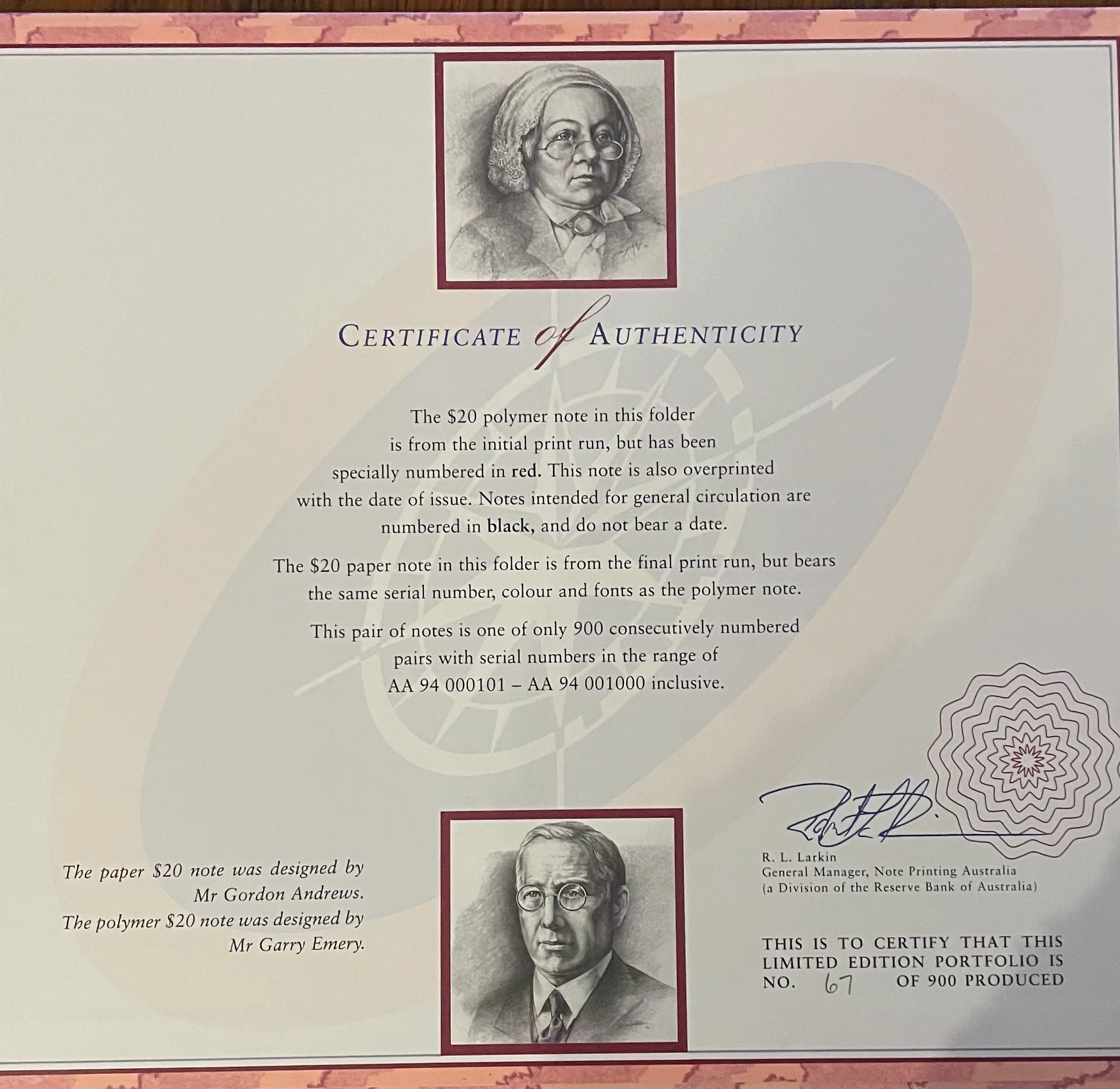 Australia 1994 $20 Last Paper and 1st Polymer Banknote Portfolio Matching Red Serial Numbers - Image 3