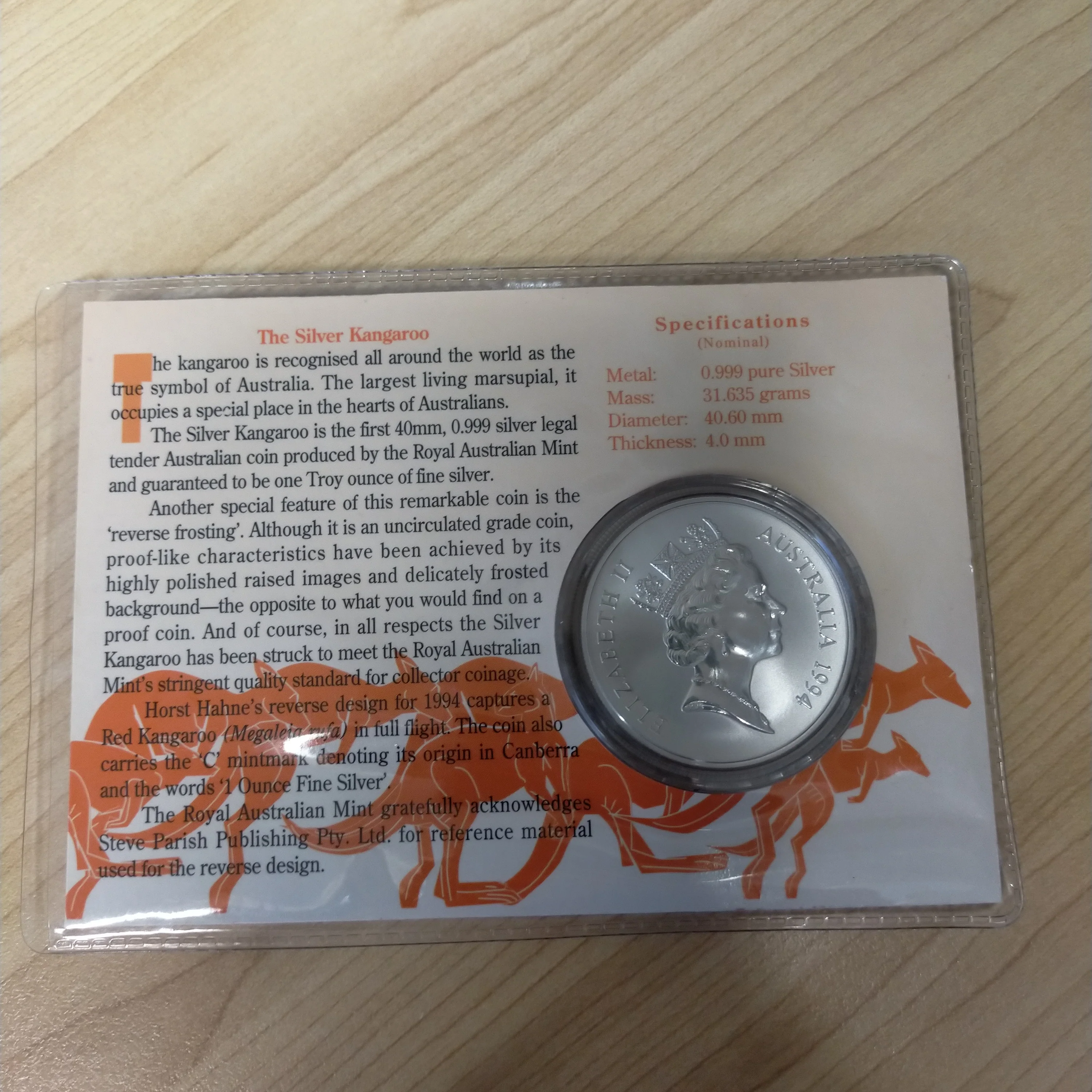Australia 1994 Royal Australian Mint $1 Kangaroo 1 oz One Ounce Silver Coin - Image 2