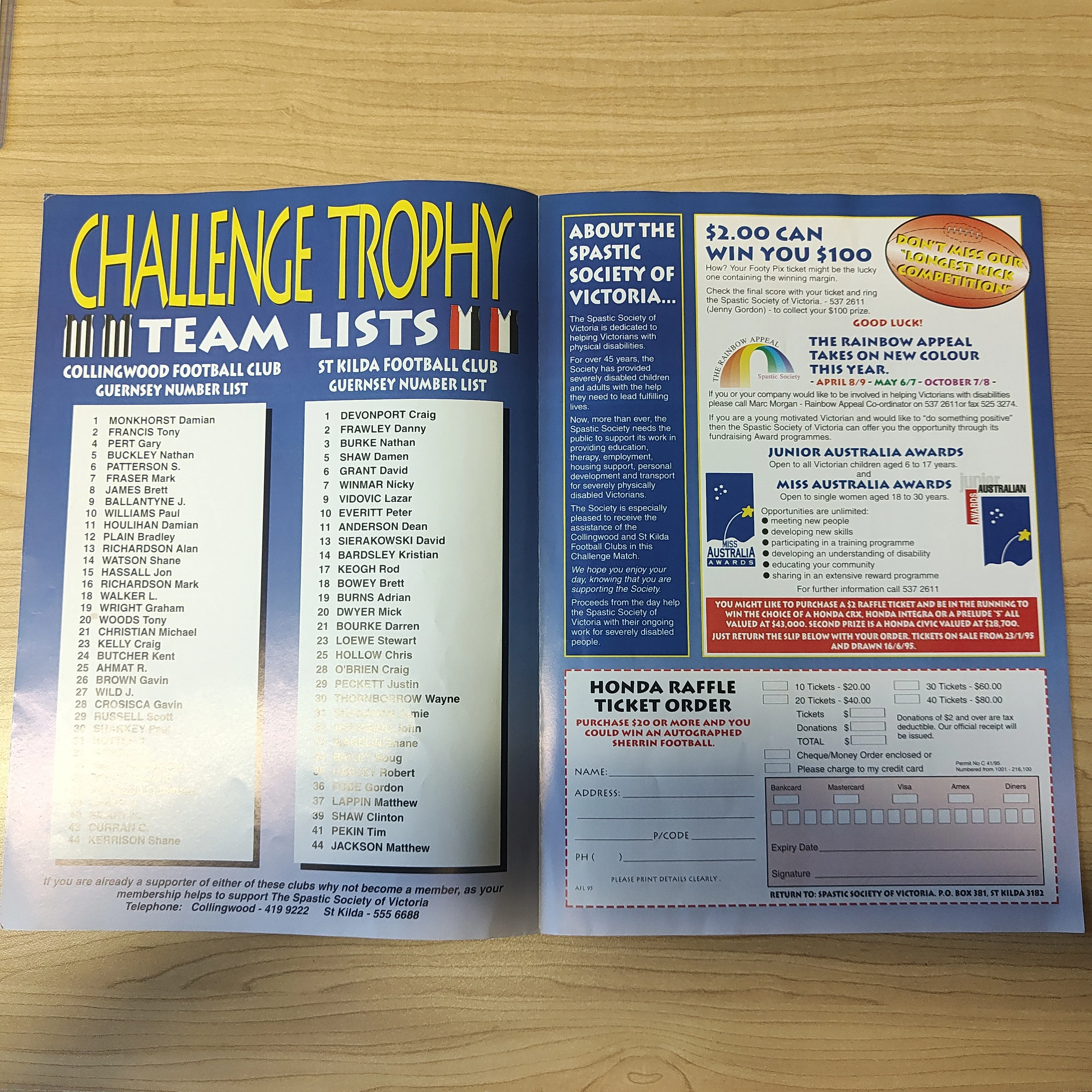 AFL 1995 February 13 Challenge Trophy Collingwood v St Kilda Spastic Society Souvenir Football Record - Image 2