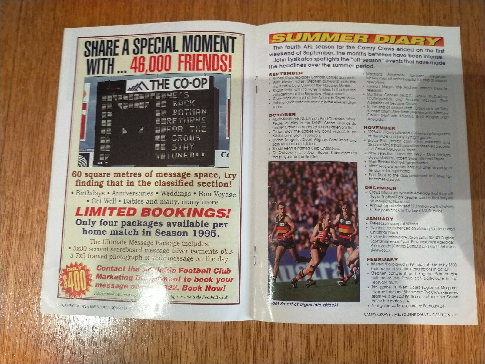 AFL 1995 Feb 24 Adelaide Camry Crows v Melbourne Souvenir Football Record - Image 2