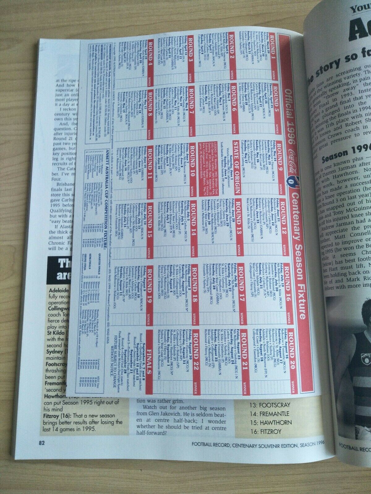 1996 Centenary Souvenir Edition AFL Football Record Including Fixture - Image 3
