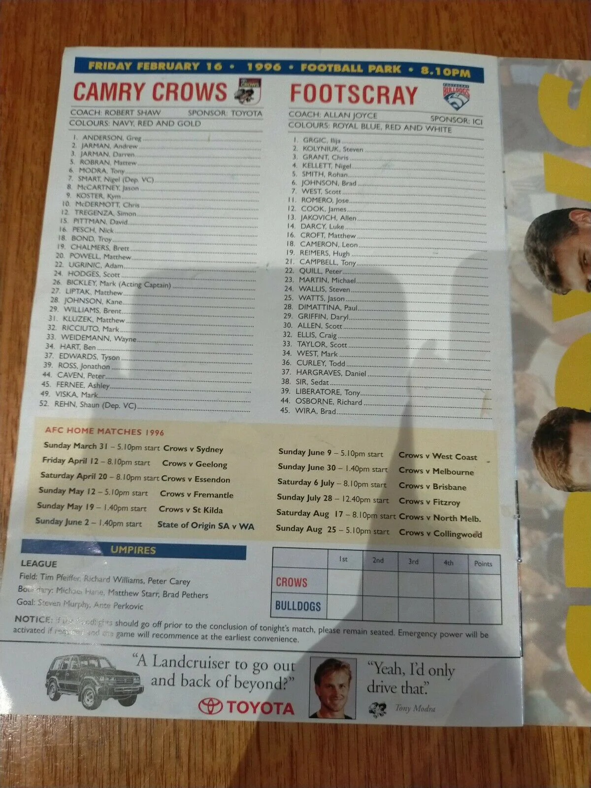 1996 Feb 16 Olympic Challenge Camry Crows v Footscray Souvenir Football Record - Image 3