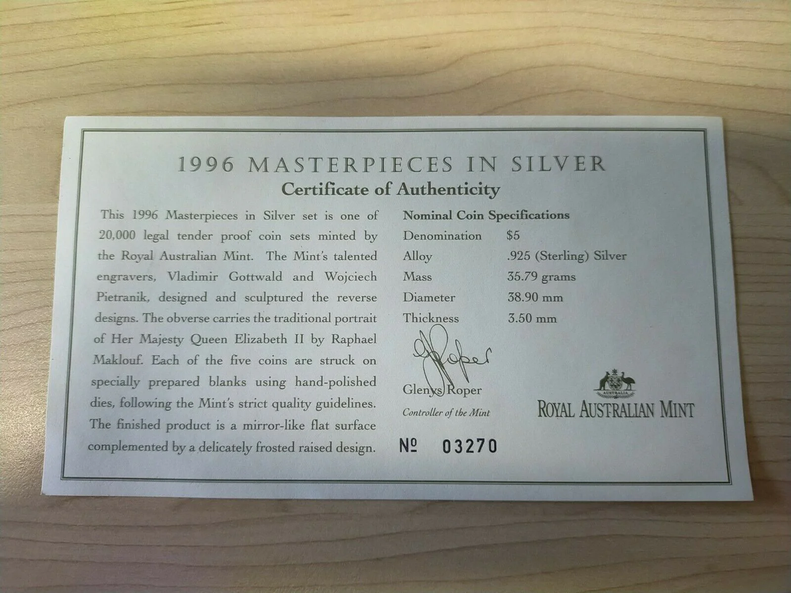 Australia 1996 Royal Australian Mint Masterpieces In Silver Proof Set Of 5 Coins .925 Silver - Image 3