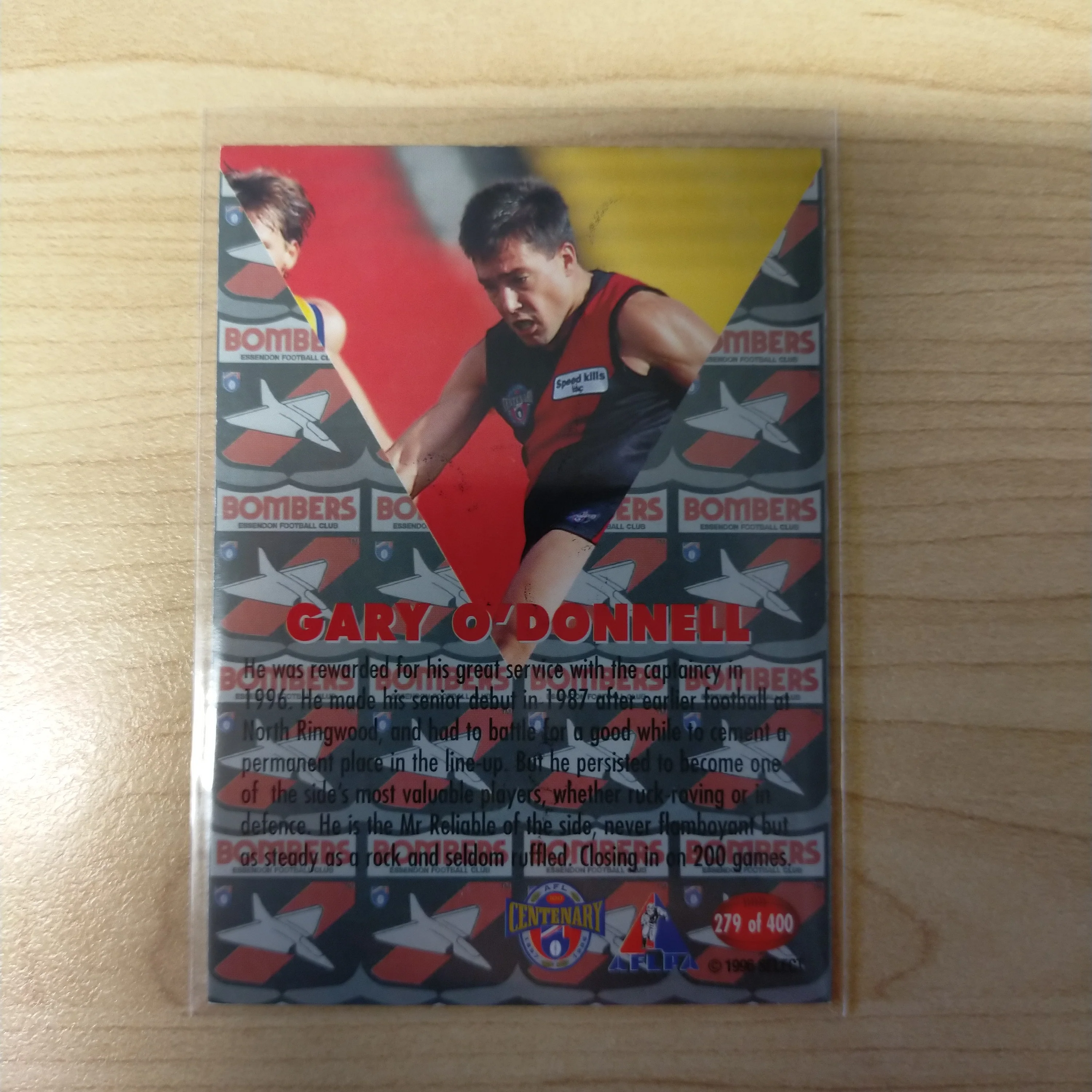 1996 Select AFL Centenary AFLPA Captain Gary O'Donnell Essendon No.279 Hand Signed Card - Image 2