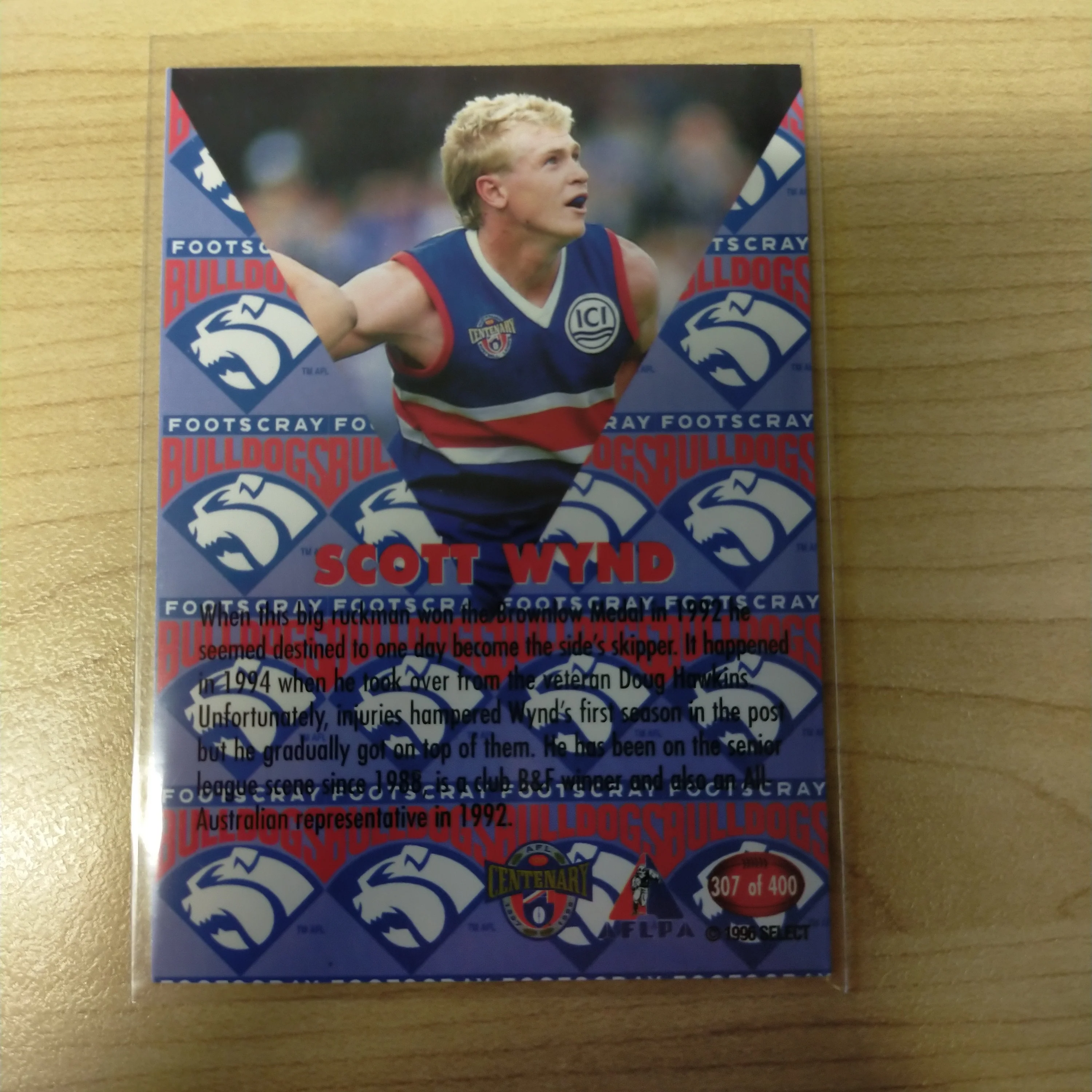 1996 Select AFL Centenary AFLPA Captain Scott Wynd Western Bulldogs No.307 Hand Signed Card - Image 2