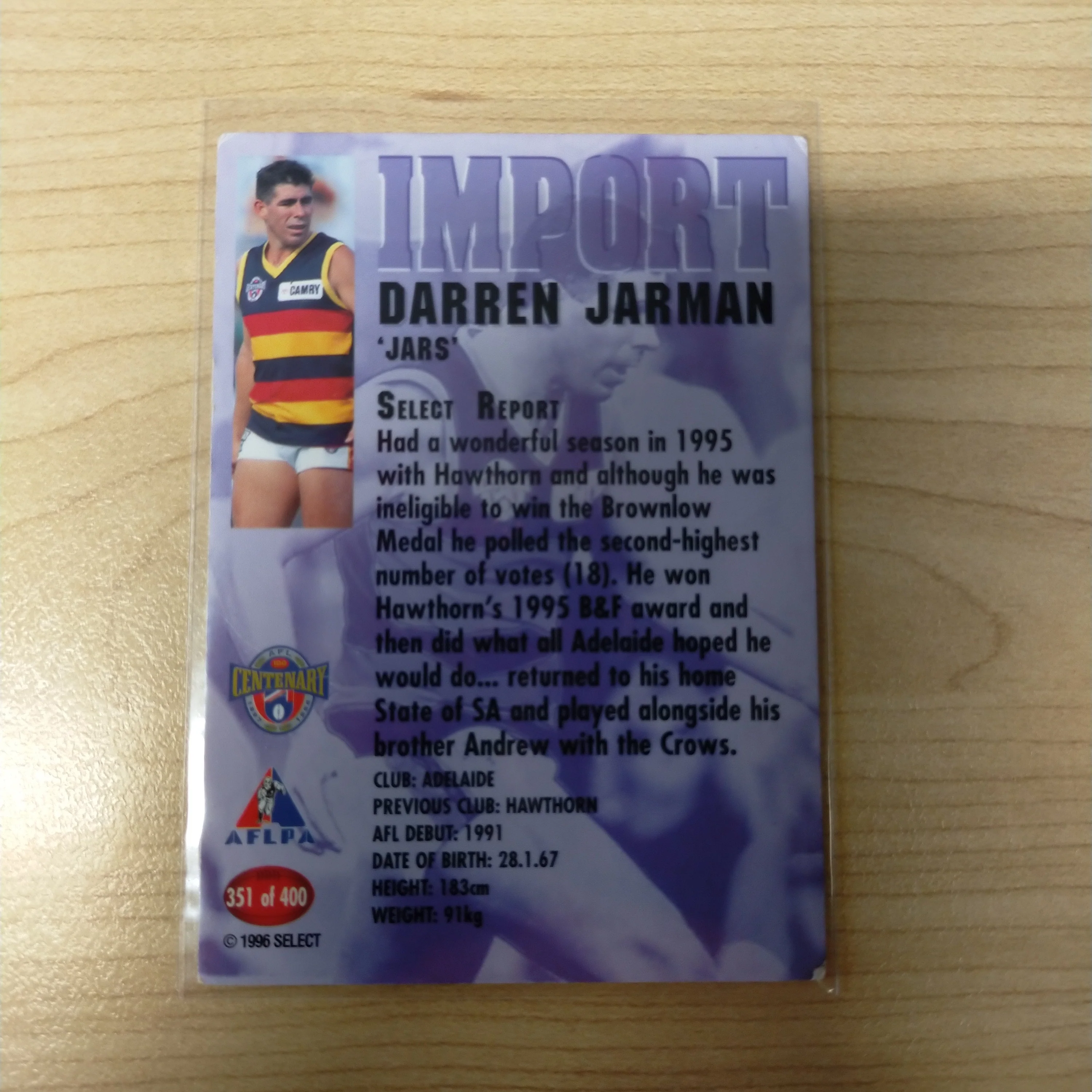 1996 Select AFL Centenary AFLPA Import Darren Jarman Adelaide No.351 Hand Signed Card - Image 2