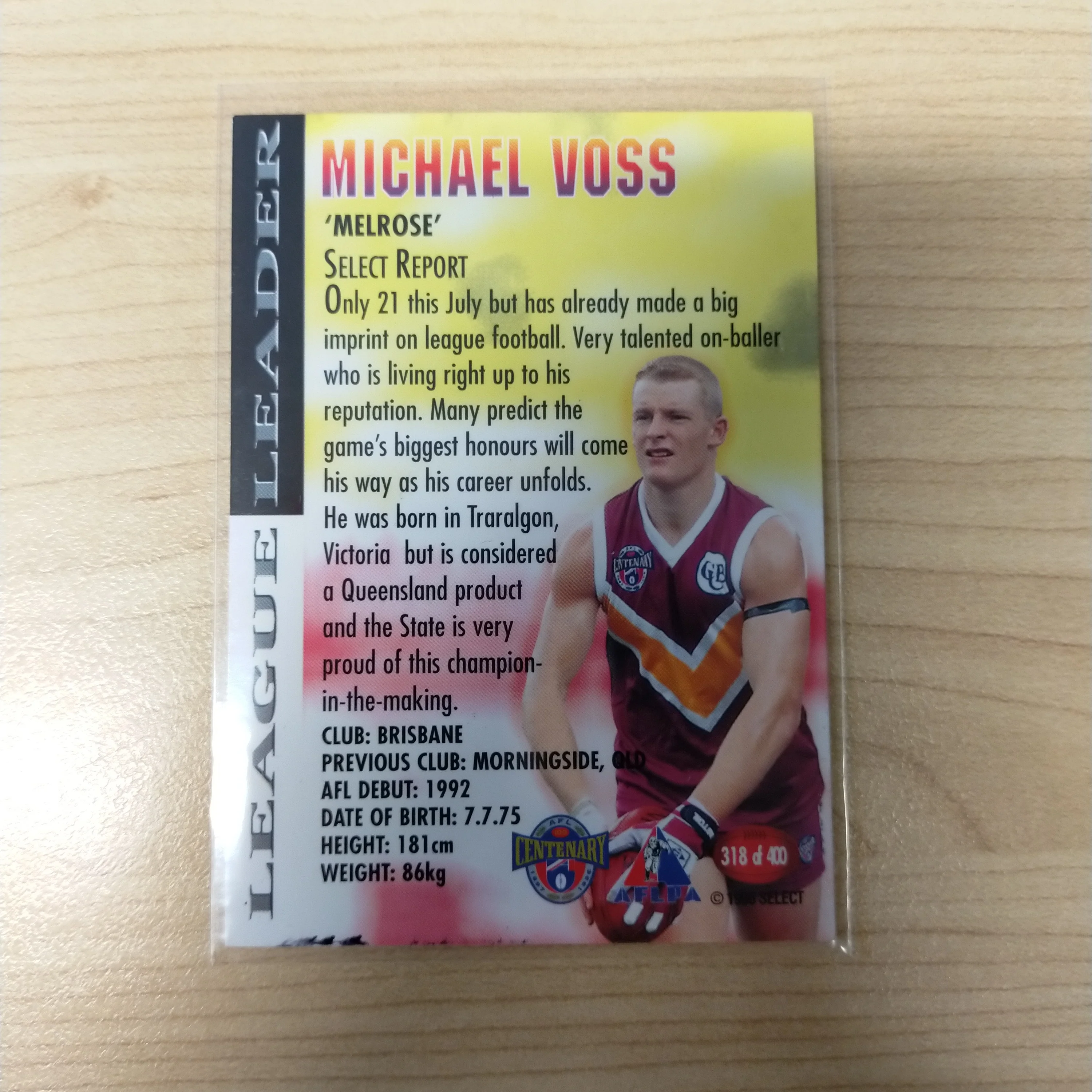1996 Select AFL Centenary AFLPA League Leader Michael Voss Brisbane No.318 Hand Signed Card - Image 2