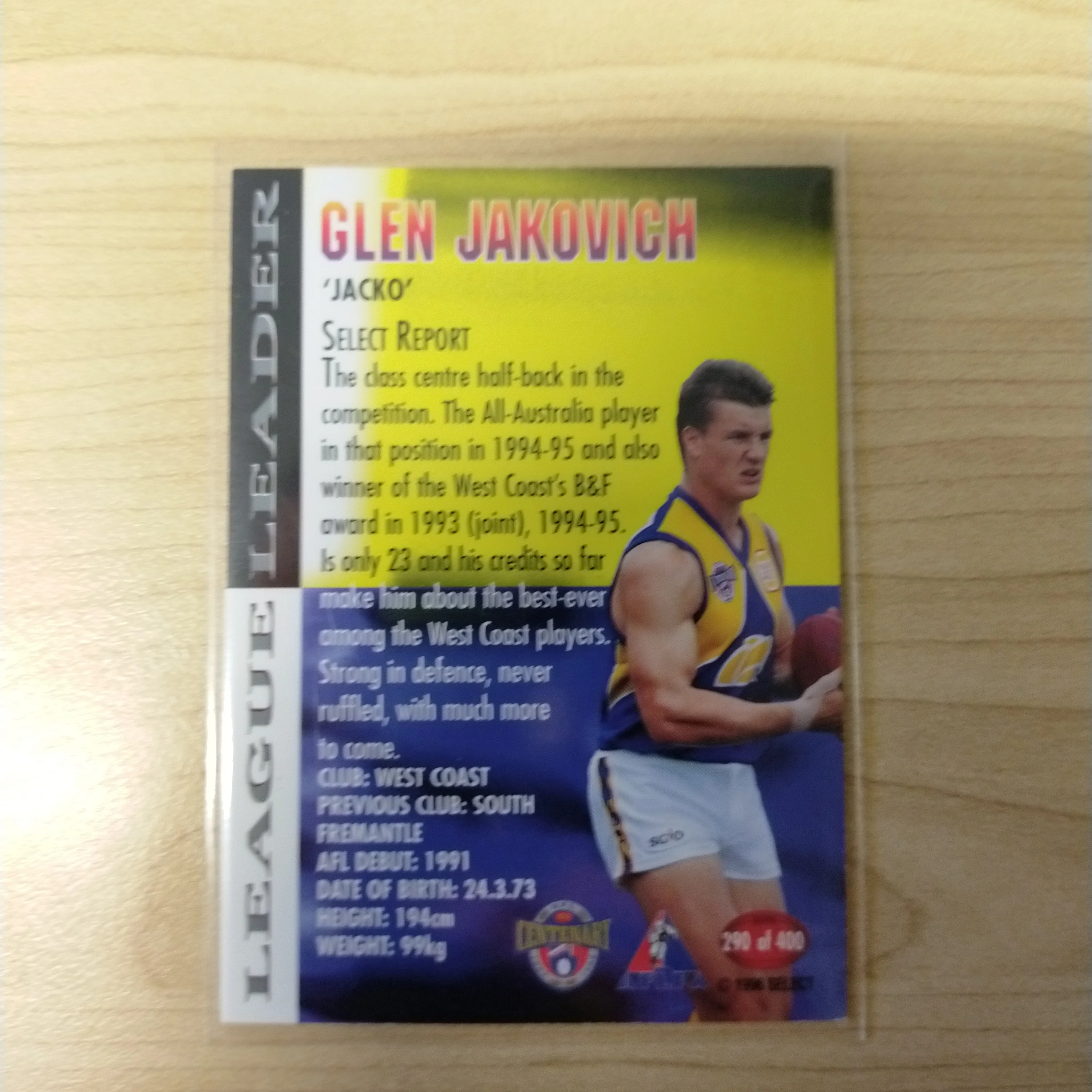 1996 Select AFL Centenary AFLPA Leauge Leader Glen Jakovich West Coast No.290 Hand Signed Card - Image 2