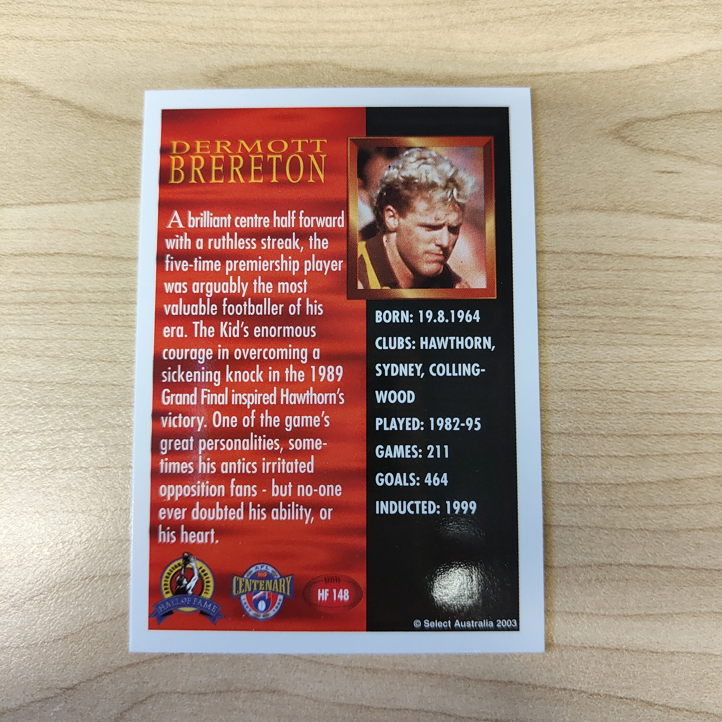 1996 Select AFL Centenary Hall of Fame Dermott Brereton Hand Signed Card Hawthorn - Image 2