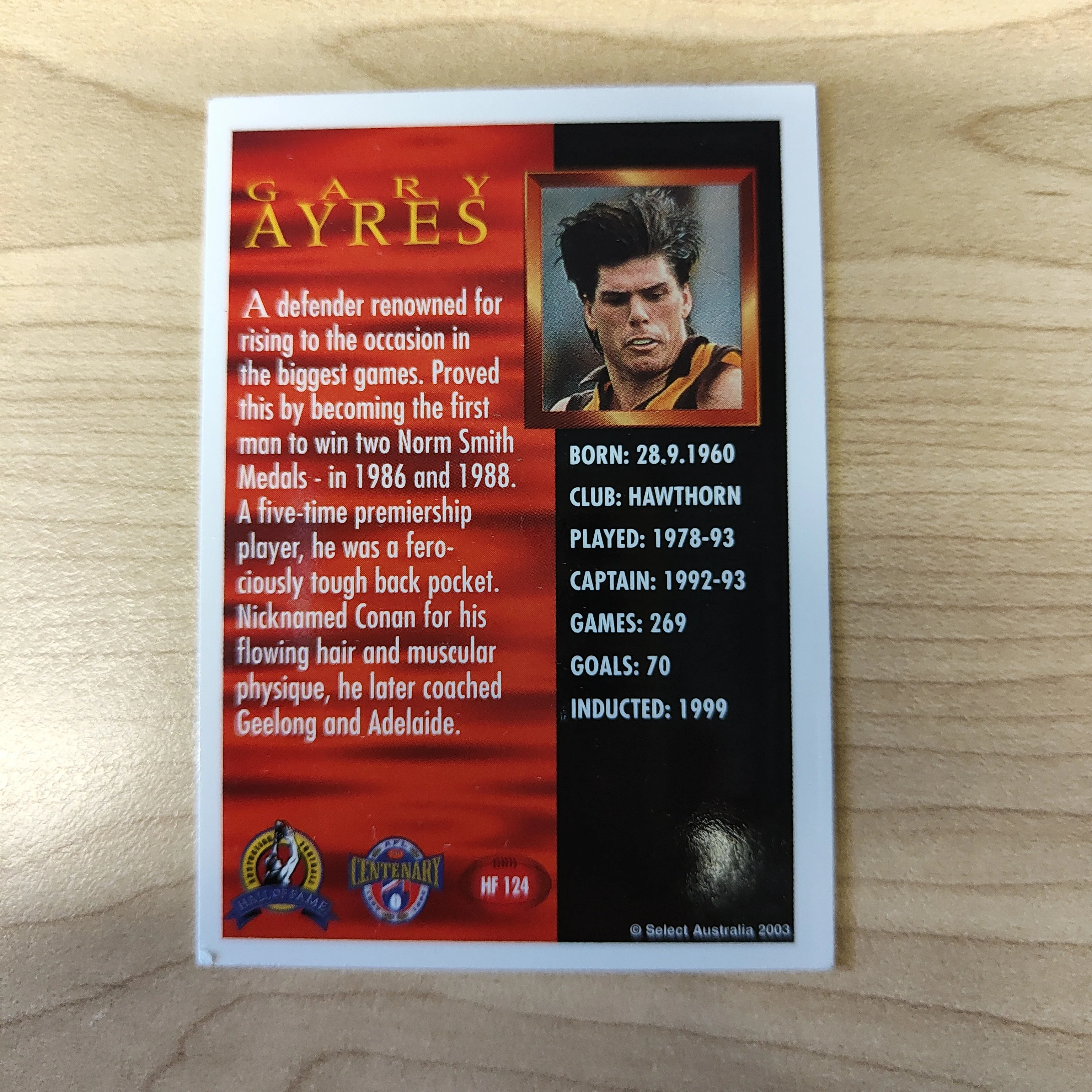 1996 Select AFL Centenary Hall of Fame Gary Ayres Hand Signed Card Hawthorn - Image 2