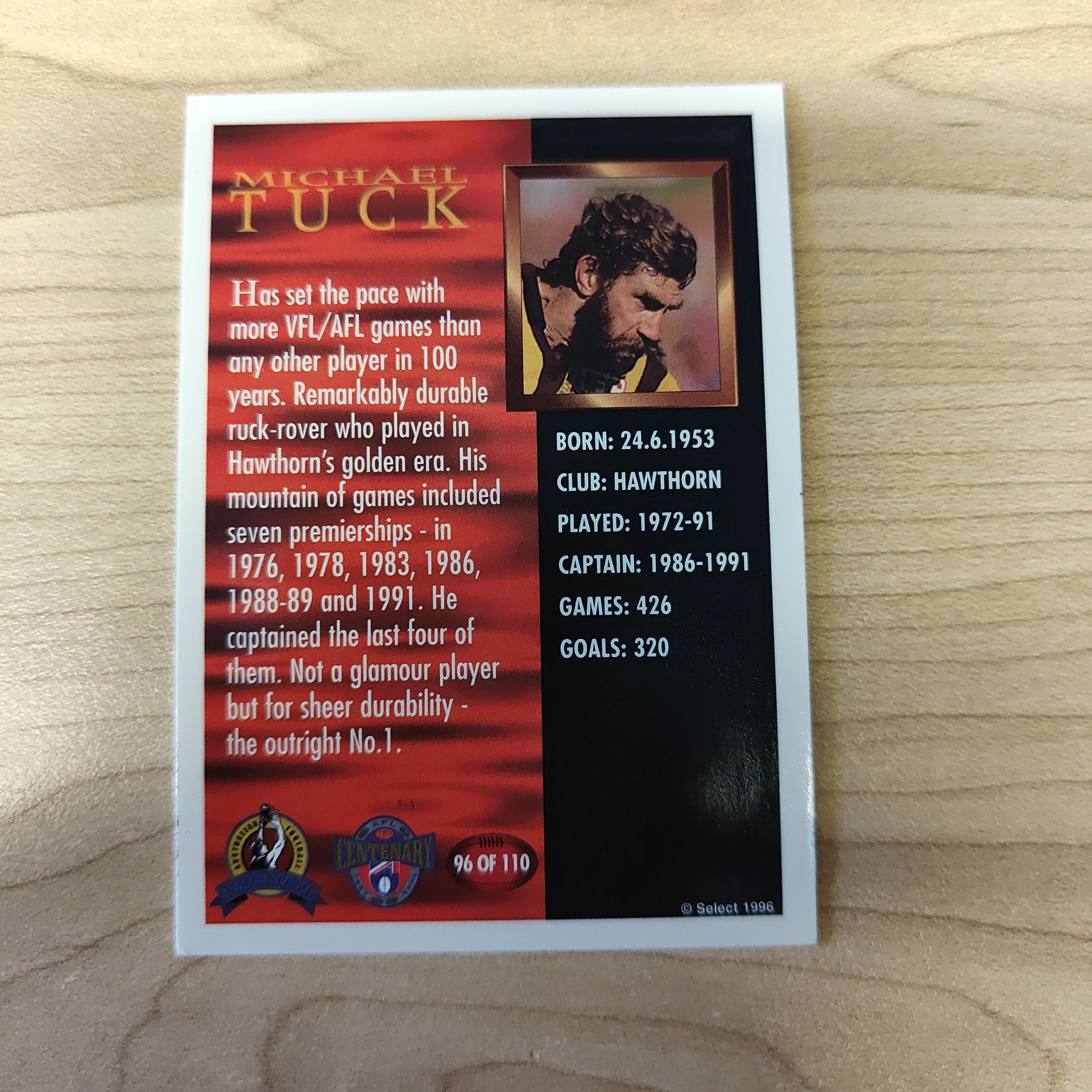 1996 Select AFL Centenary Hall of Fame Michael Tuck Hand Signed Card Hawthorn - Image 2