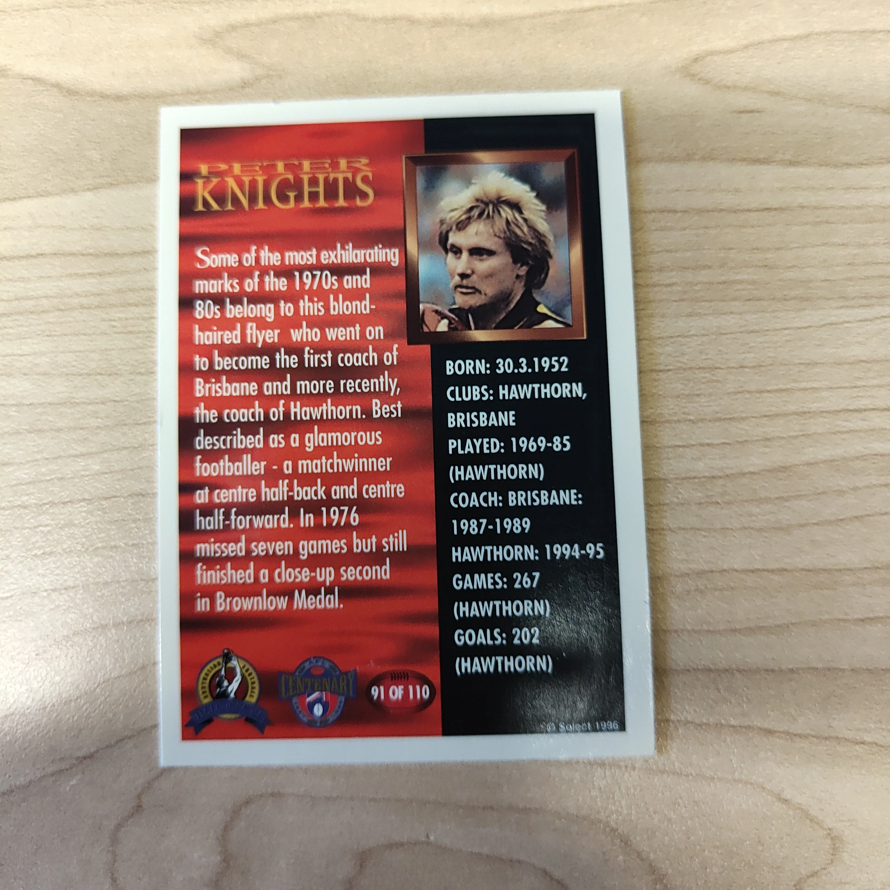 1996 Select AFL Centenary Hall of Fame Peter Knights Hand Signed Card Hawthorn - Image 2